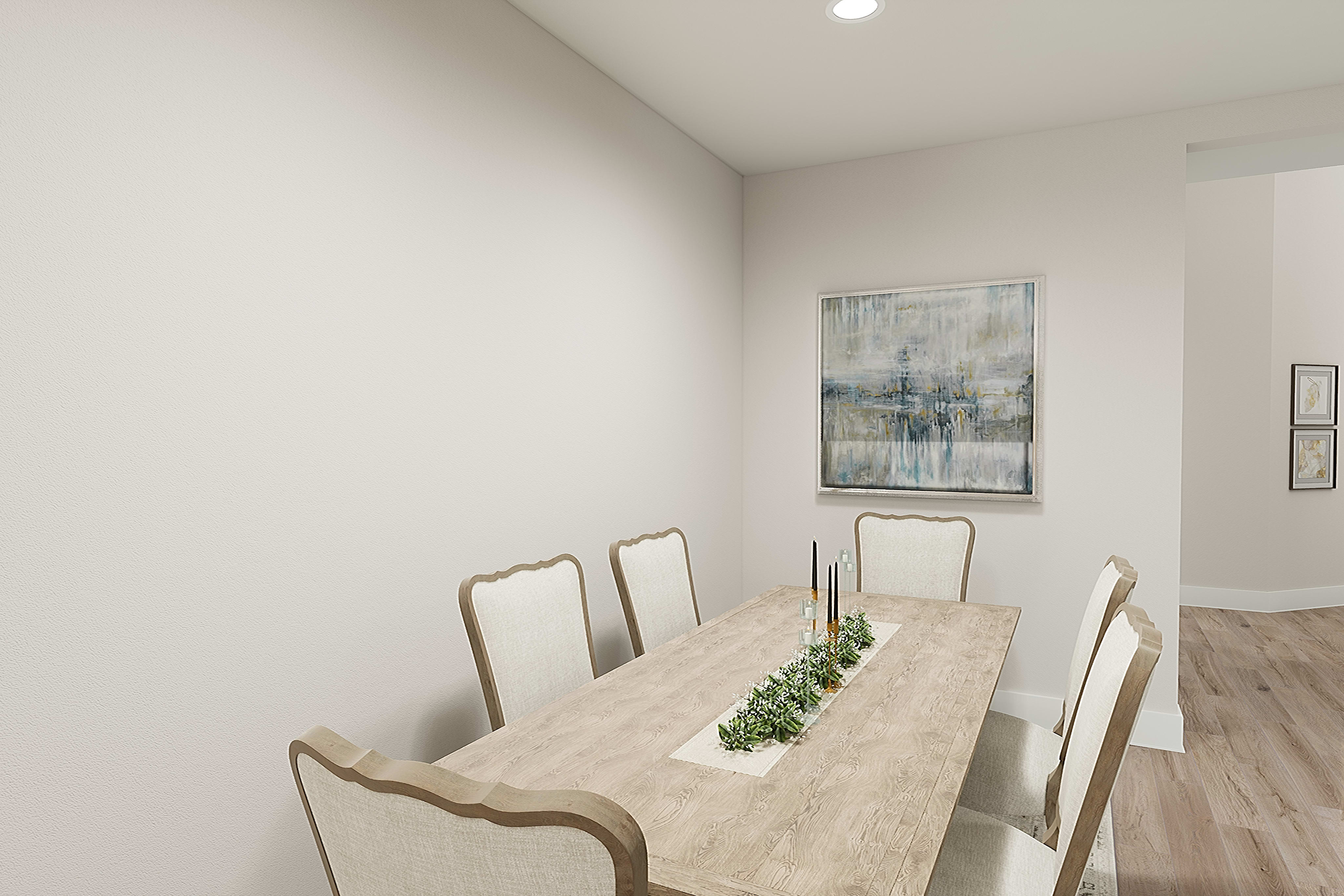 A modern and minimalist dining room with a wooden table, chairs, and a decorative artwork on the wall.