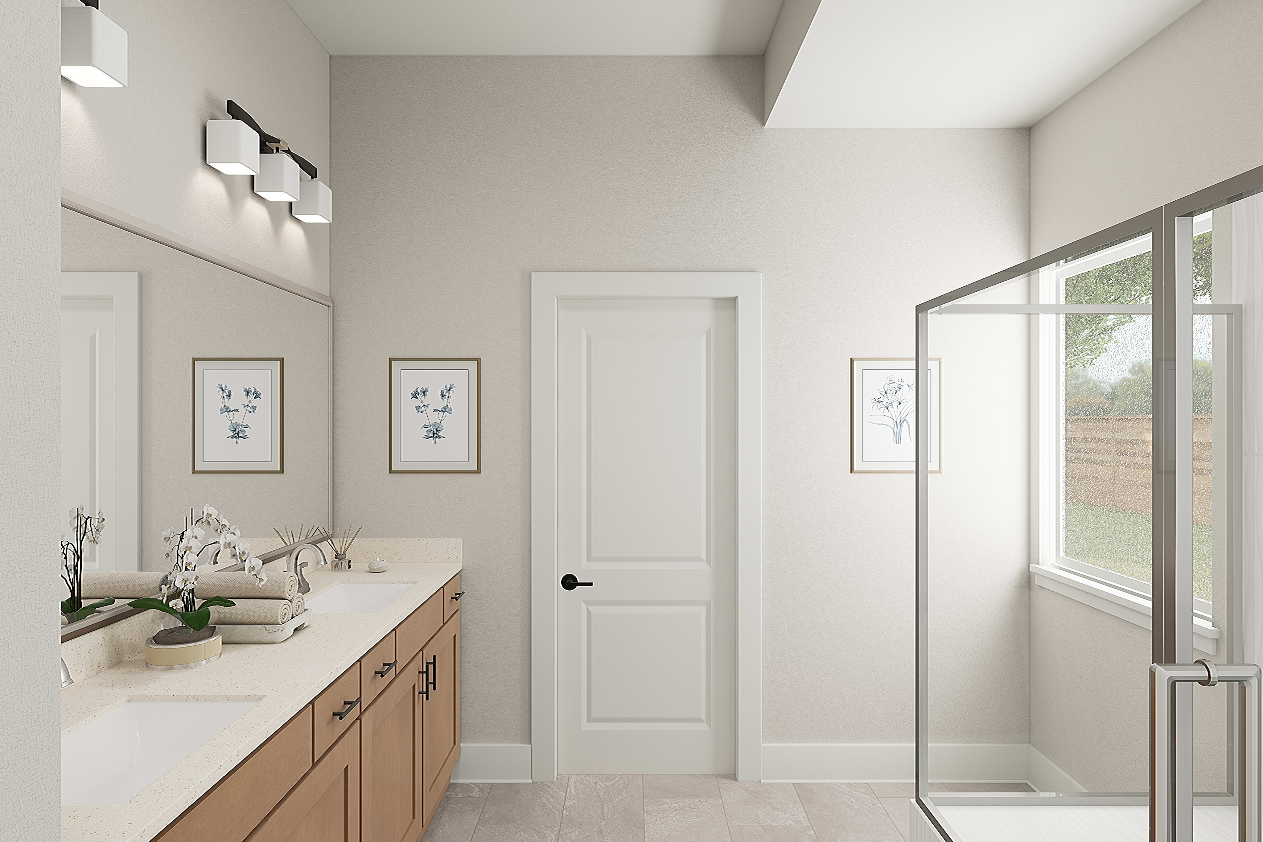 A modern and minimalist bathroom with a wooden vanity, white walls, and large windows providing natural light.