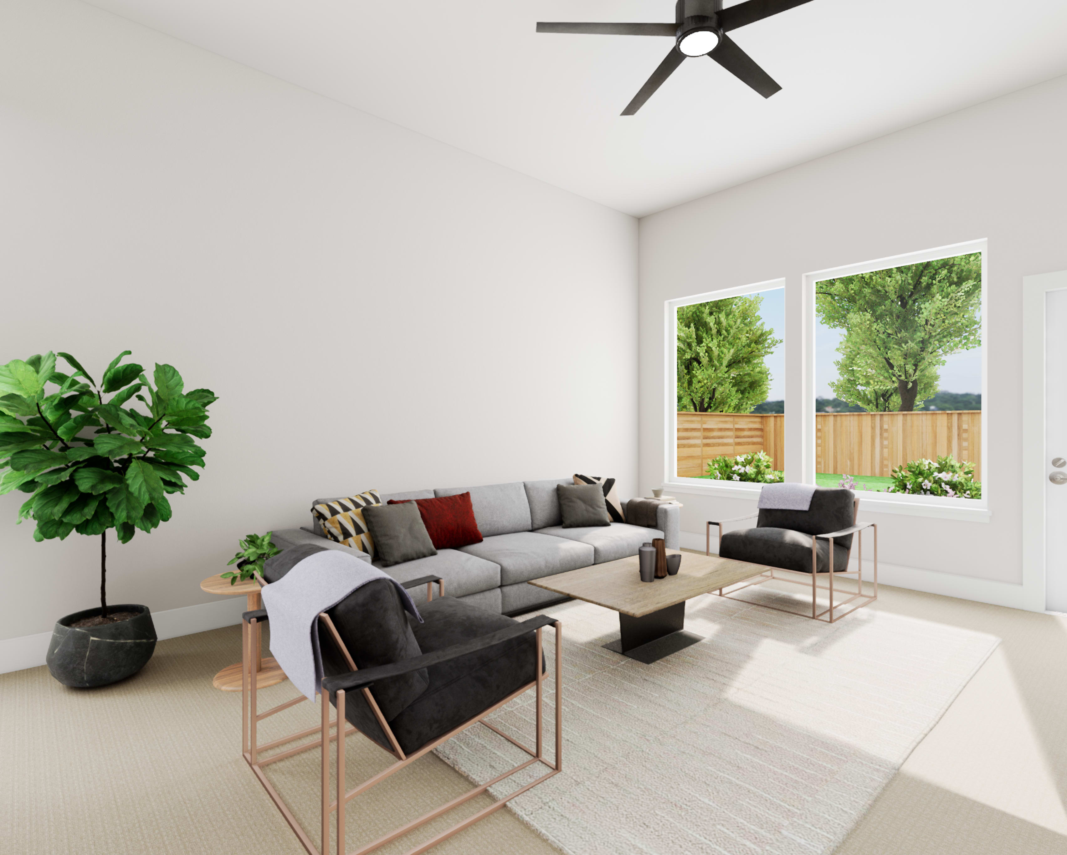 A modern and minimalist living room with a large gray sectional sofa, a potted plant, and a view of the lush greenery outside through the large window.