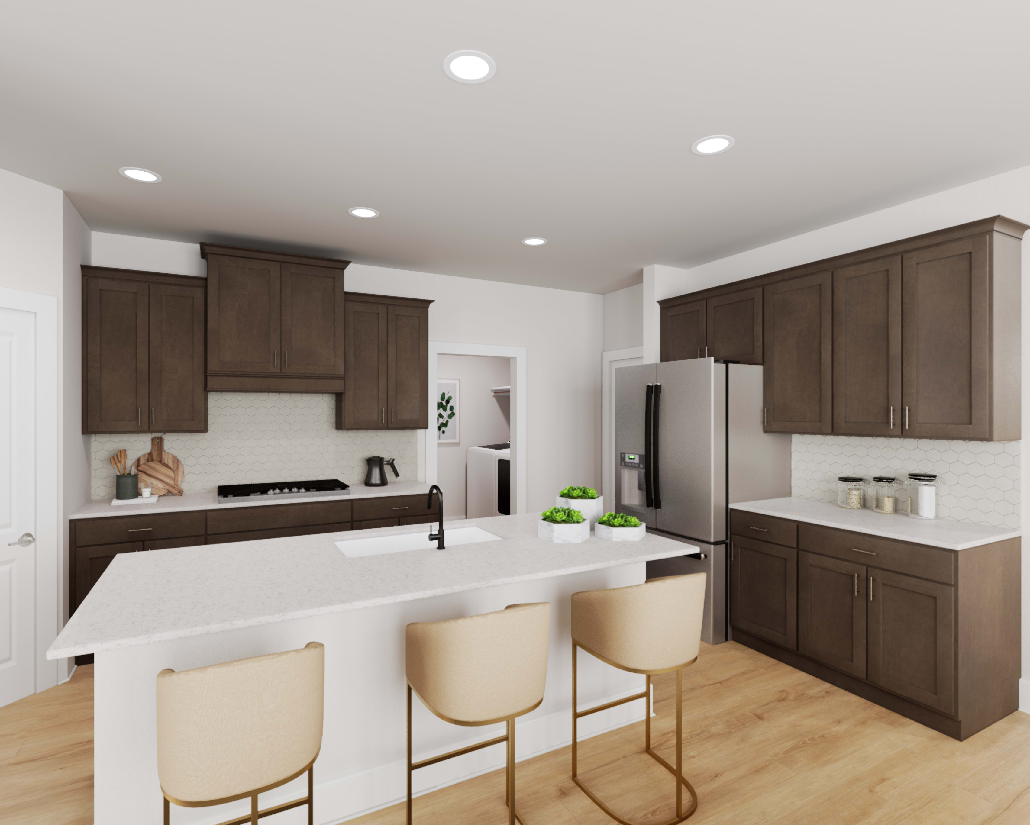 A modern and spacious kitchen with dark wood cabinets, a white countertop, and bar stools in the foreground, set against a light-colored wall and hardwood flooring in the background.