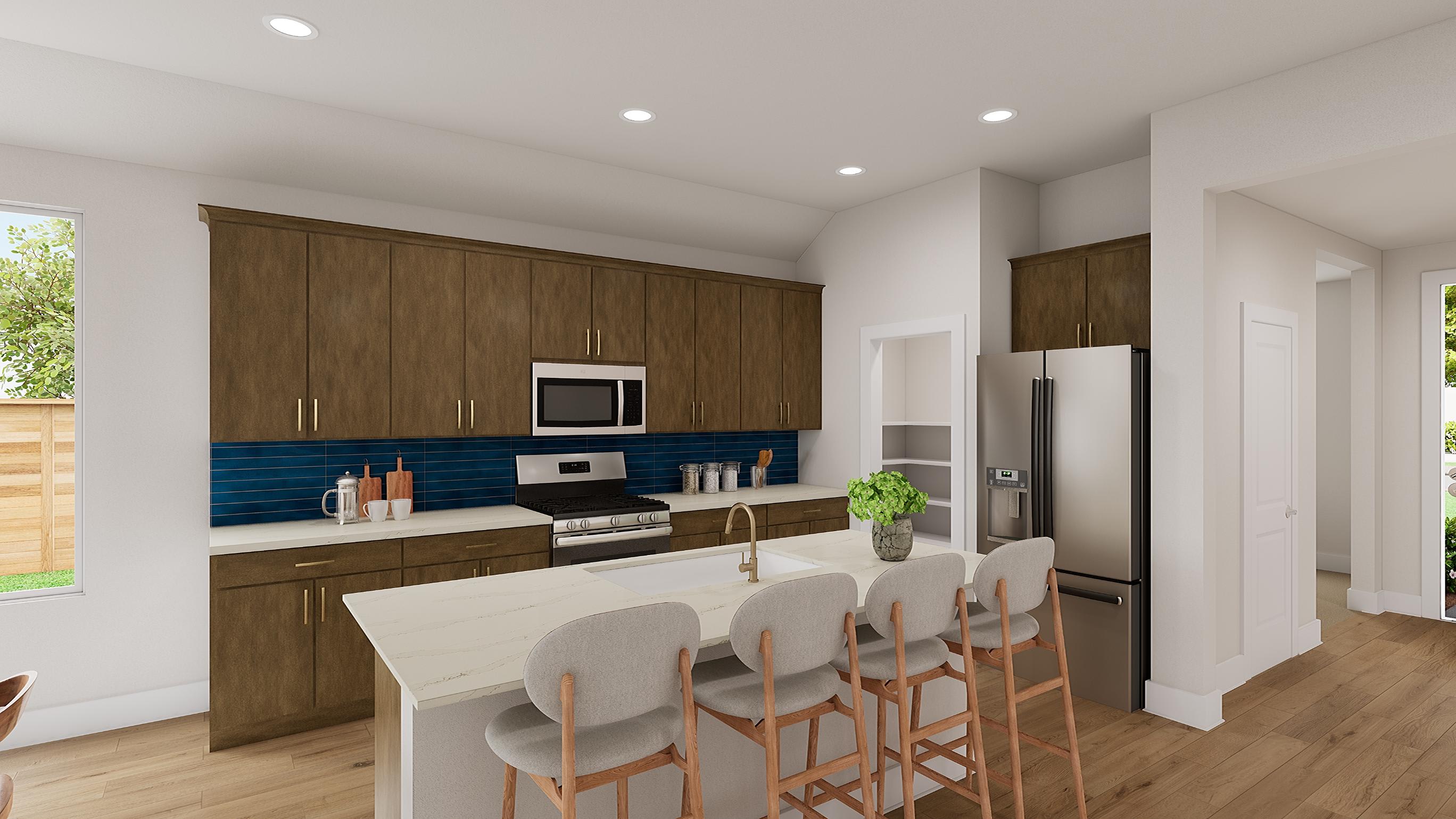 A modern and well-designed kitchen with wooden cabinets, stainless steel appliances, and a blue tile backsplash, complemented by a dining area with white chairs.
