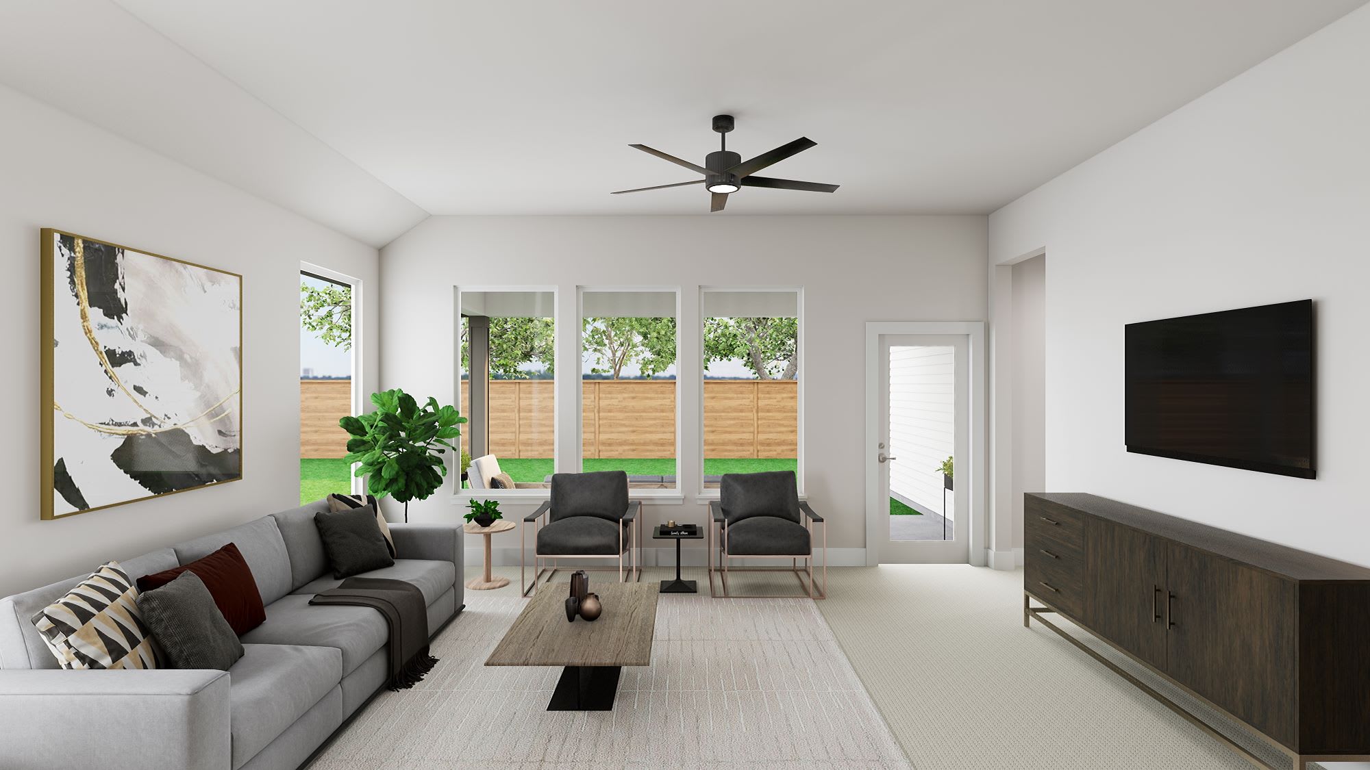 A modern and minimalist living room with a gray sectional sofa, a wooden coffee table, and a large abstract painting on the wall. The room features large windows that provide natural light and a view of the outdoor greenery.