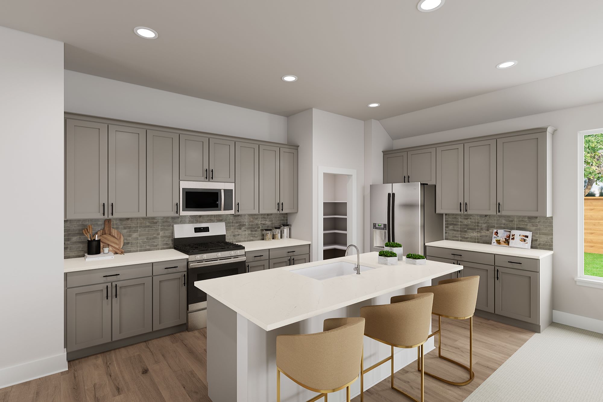 A modern, well-equipped kitchen with gray cabinets, white countertops, and a central island with bar stools, set against a backdrop of hardwood floors and recessed lighting.