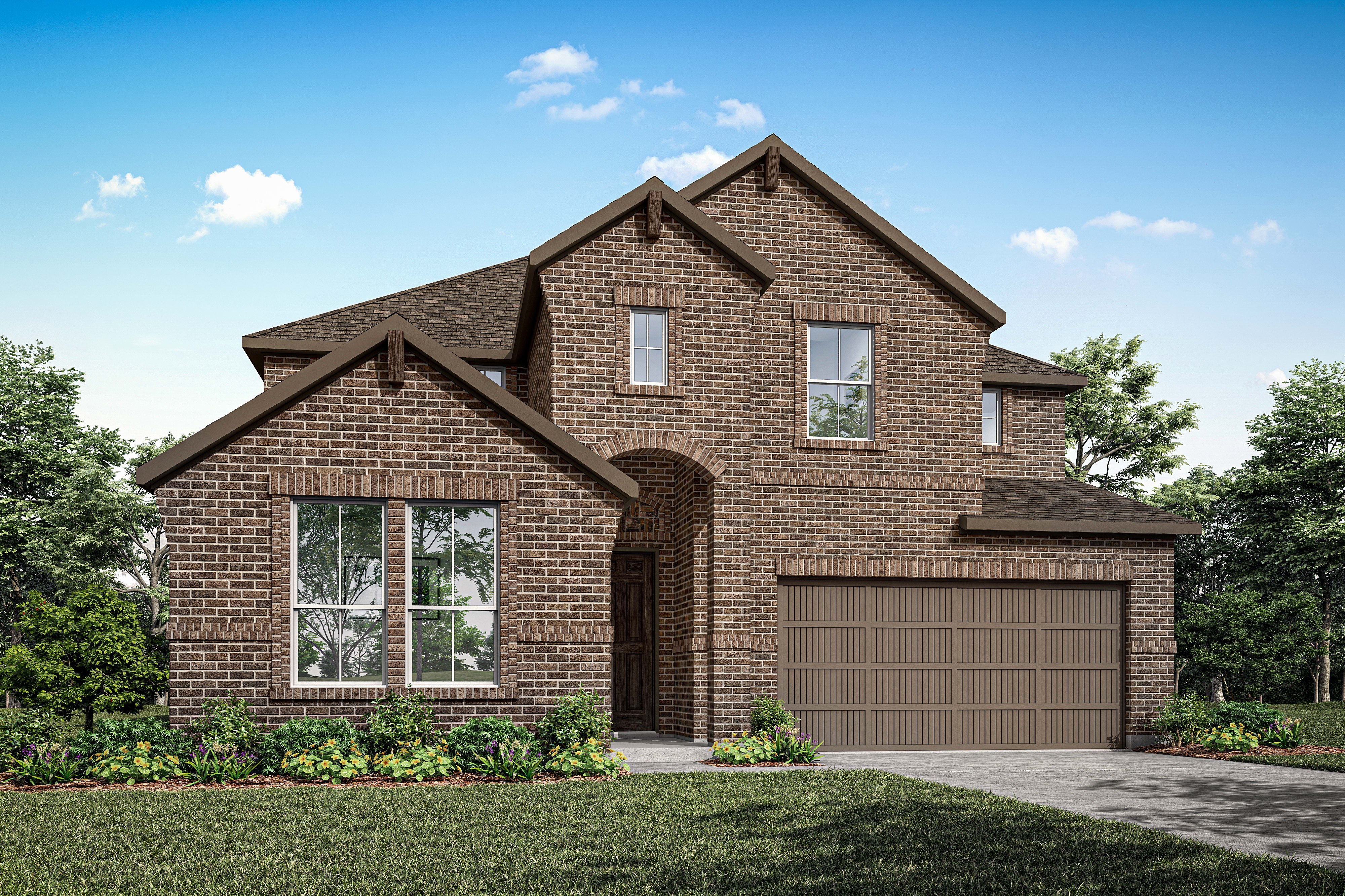 A two-story brick house with a garage, surrounded by lush greenery and a clear blue sky with fluffy clouds.