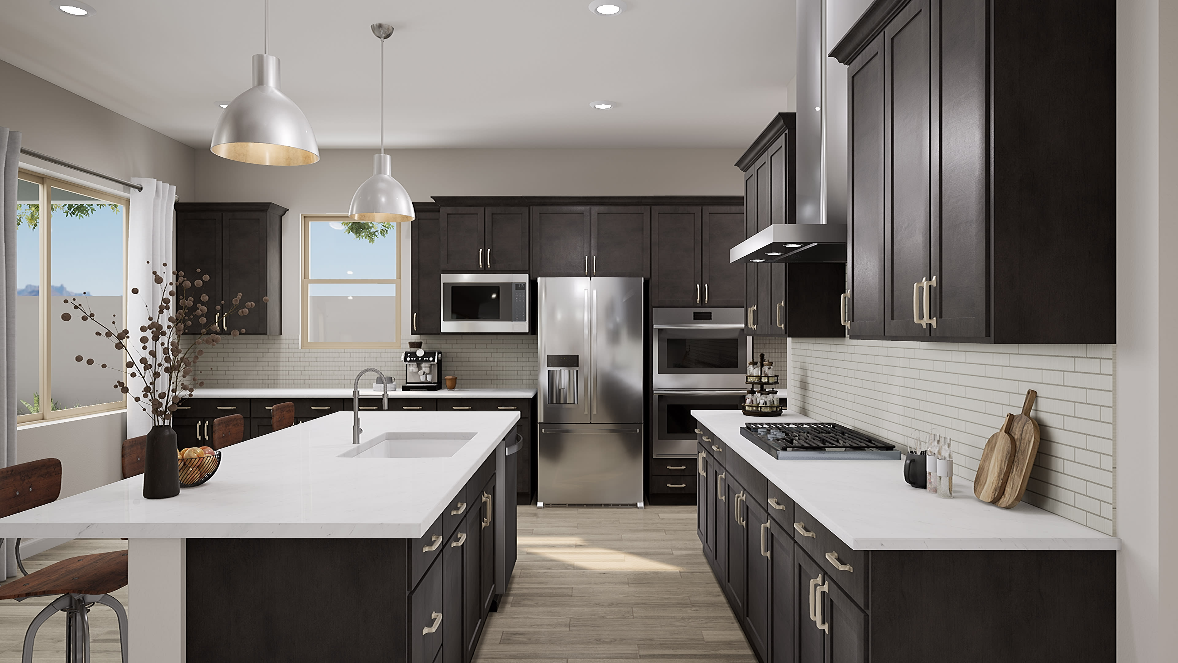 A modern, sleek kitchen with dark cabinets, stainless steel appliances, and a white countertop island, set against a bright and airy background.
