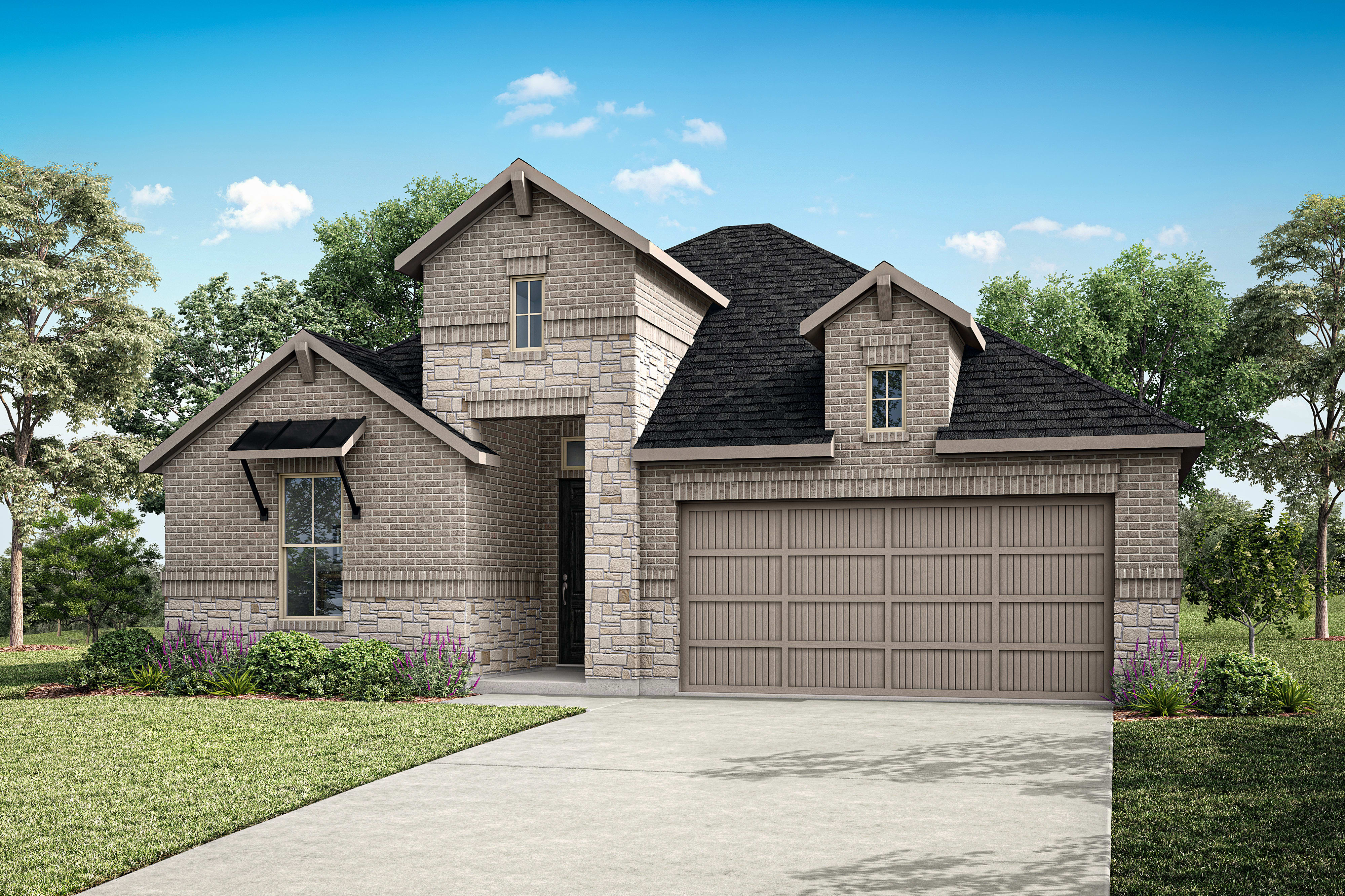 A two-story brick house with a garage, surrounded by lush greenery and a clear blue sky with fluffy clouds.
