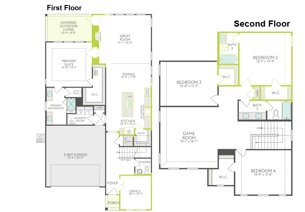 The image appears to be a floor plan for a two-story residential building, with the first floor and second floor layouts displayed side by side. The floor plan includes various rooms and spaces, such as bedrooms, a kitchen, a living room, and a garage.