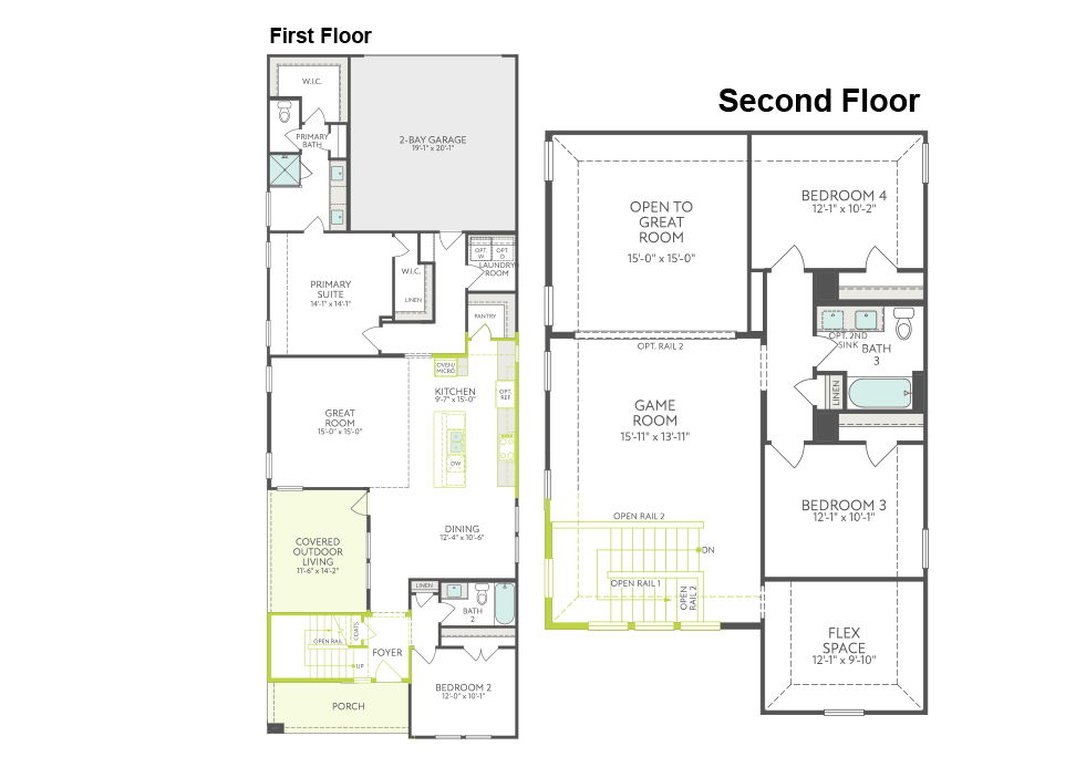 The image appears to be a floor plan or layout of a two-story residential building, with the first floor and second floor plans displayed side by side. The floor plans include various rooms and spaces, such as a living room, kitchen, bedrooms, and a game room.