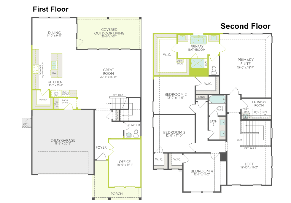 The image is a floor plan for a two-story residential building, displaying the layout and dimensions of the first and second floors.