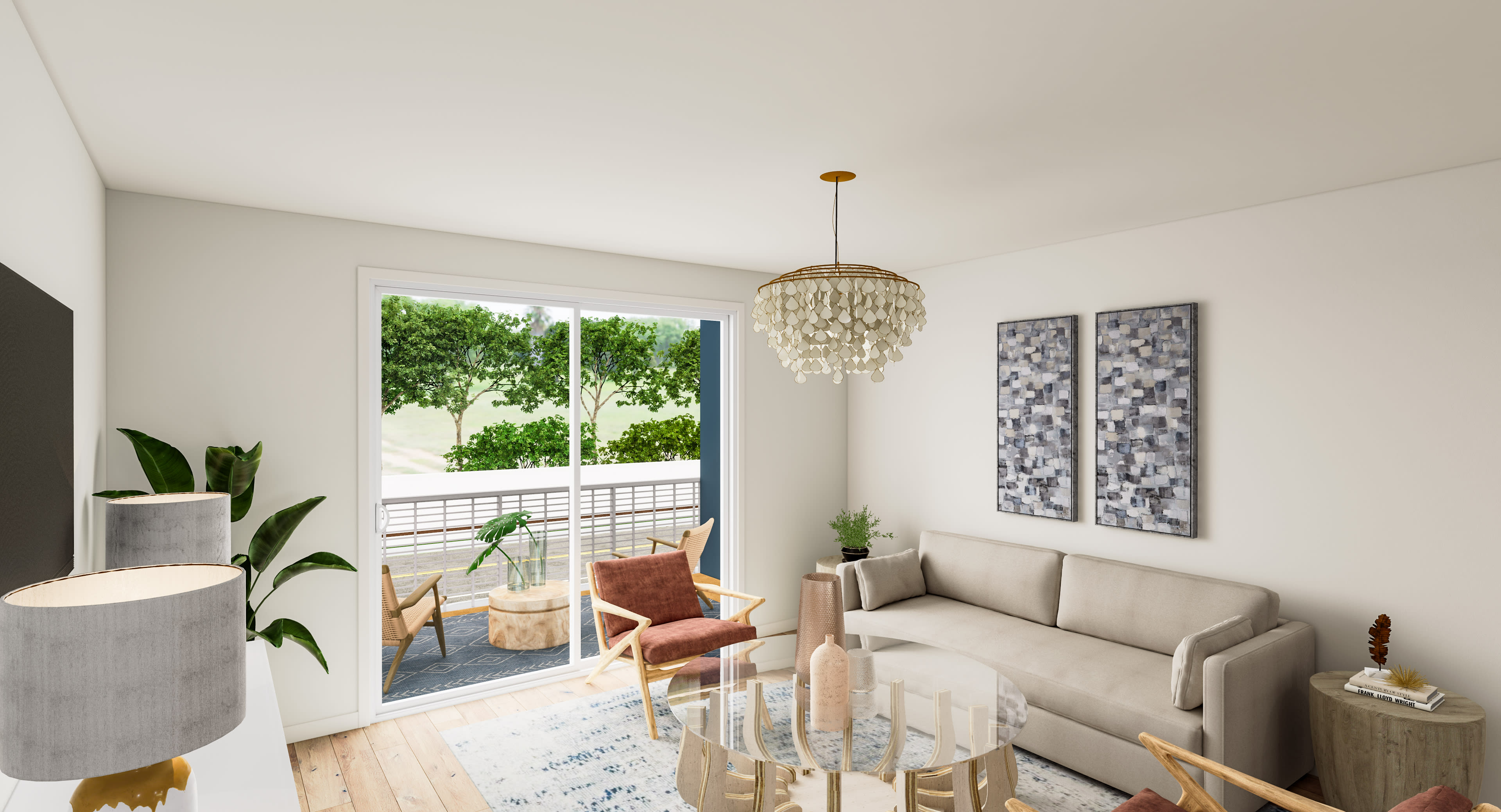 A cozy and modern living room with a large window overlooking lush greenery, featuring a plush sofa, a decorative chandelier, and various potted plants and artwork adorning the space.