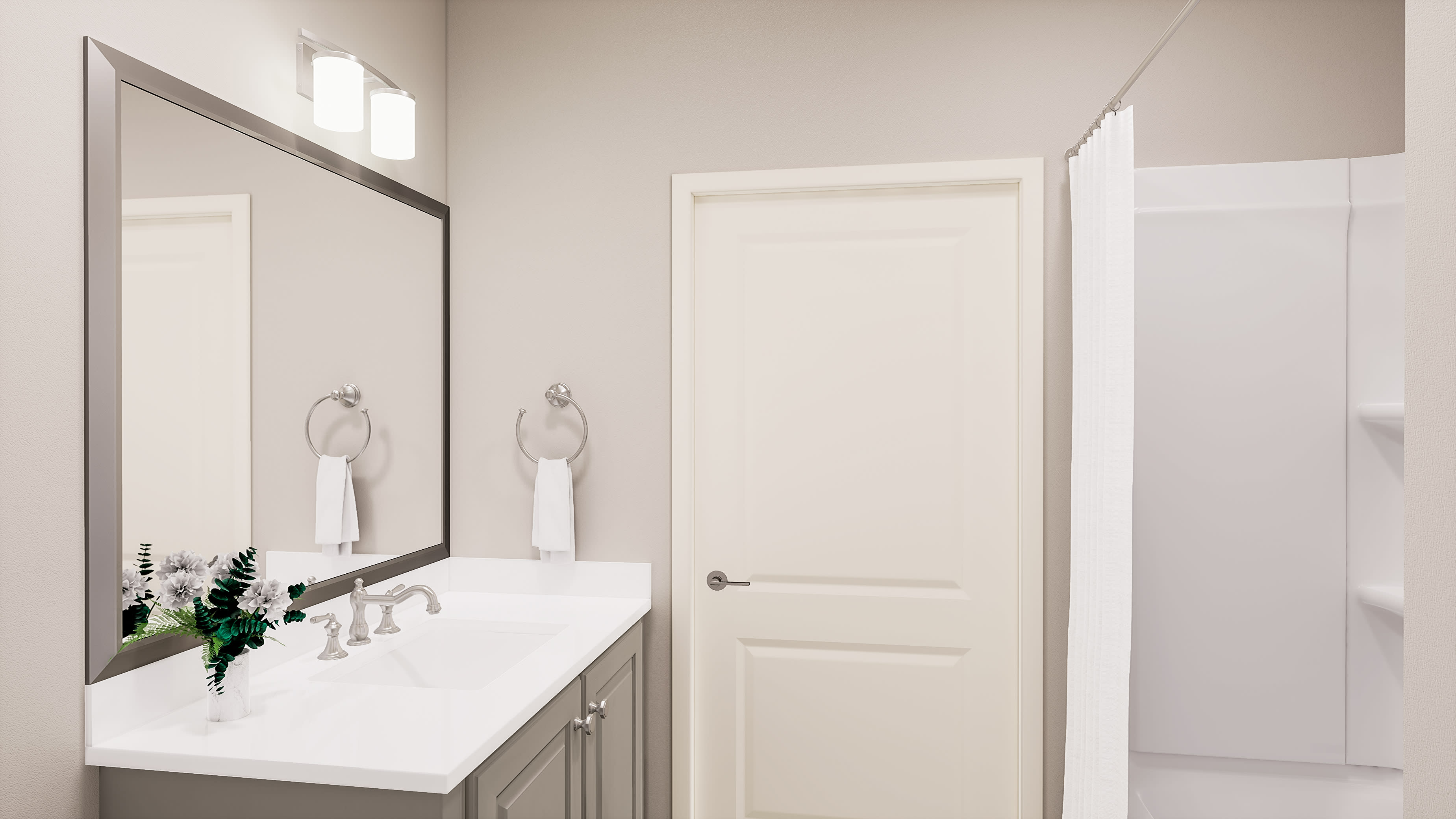 A modern, minimalist bathroom with a white vanity, mirror, and a closed door in the background.