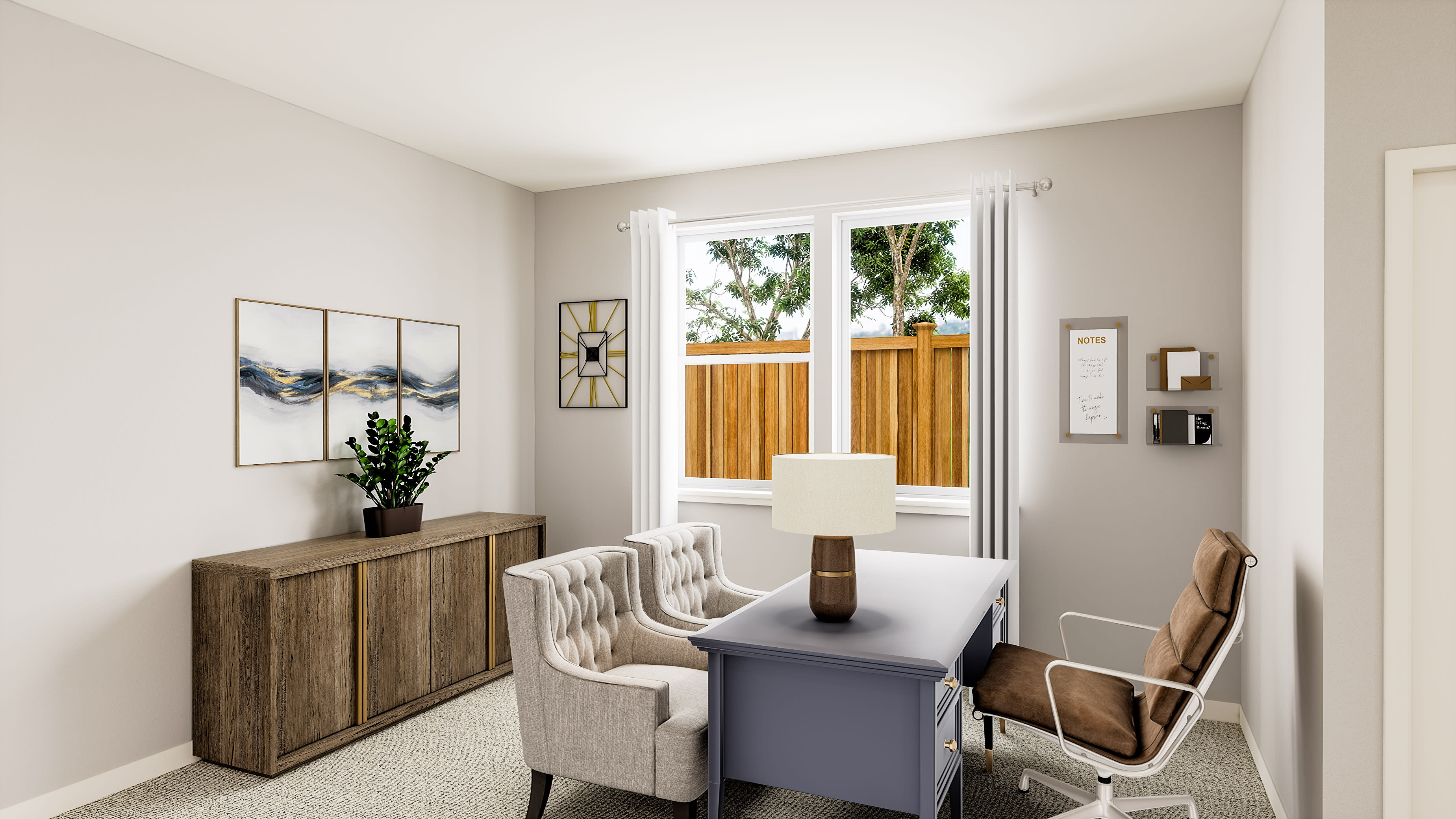 A modern and minimalist dining room with a wooden sideboard, a table with chairs, and artwork on the walls, set against a backdrop of large windows overlooking a lush outdoor scene.