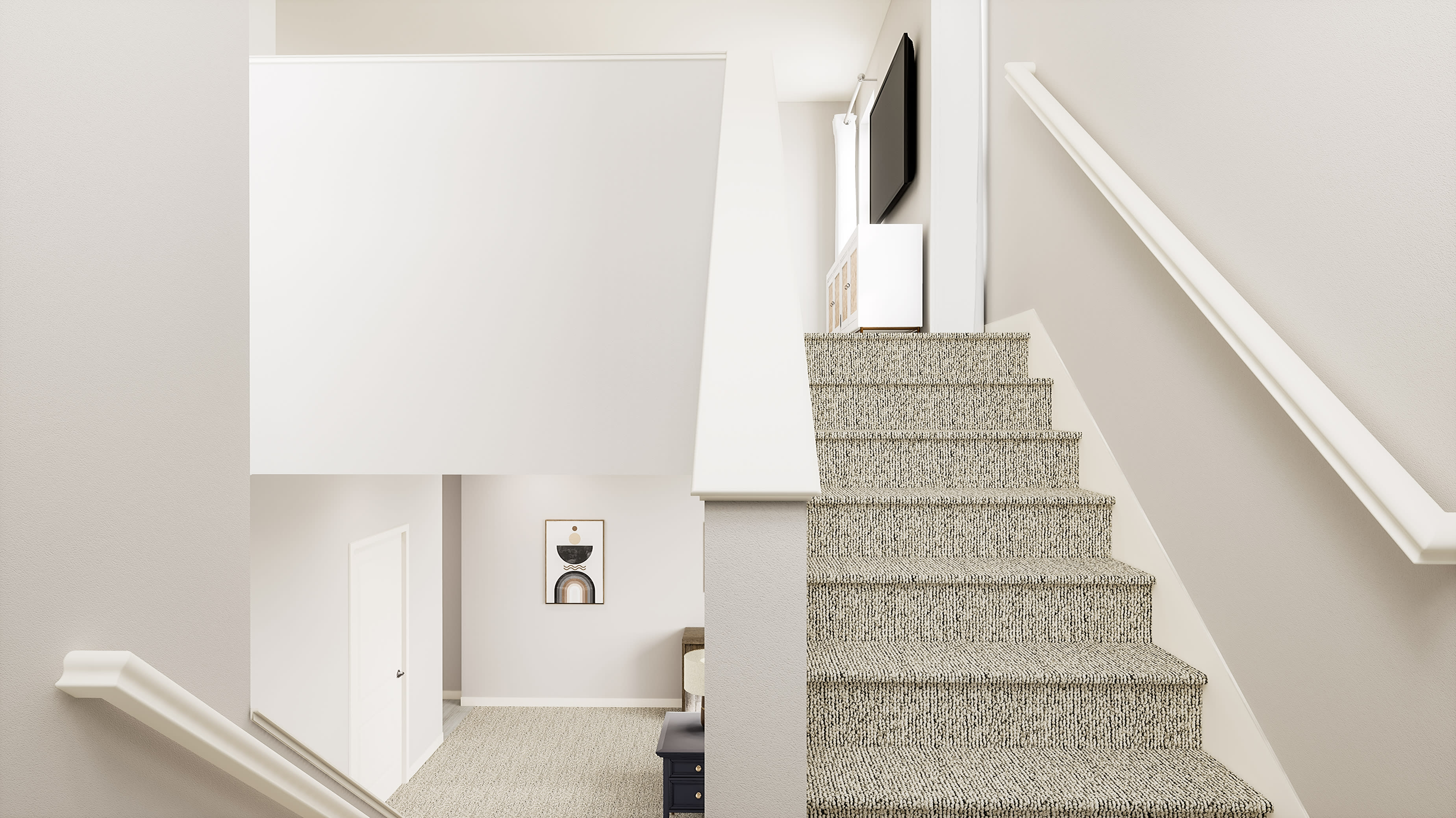 A minimalist staircase with white walls and a textured concrete staircase leading up to a landing with a framed artwork or mirror.