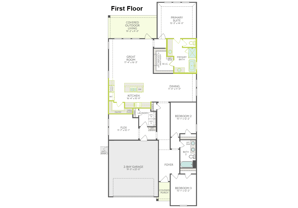 The image appears to be a floor plan or layout of a first-floor residential space, with various rooms and spaces labeled, including a living room, kitchen, bathroom, and bedrooms.