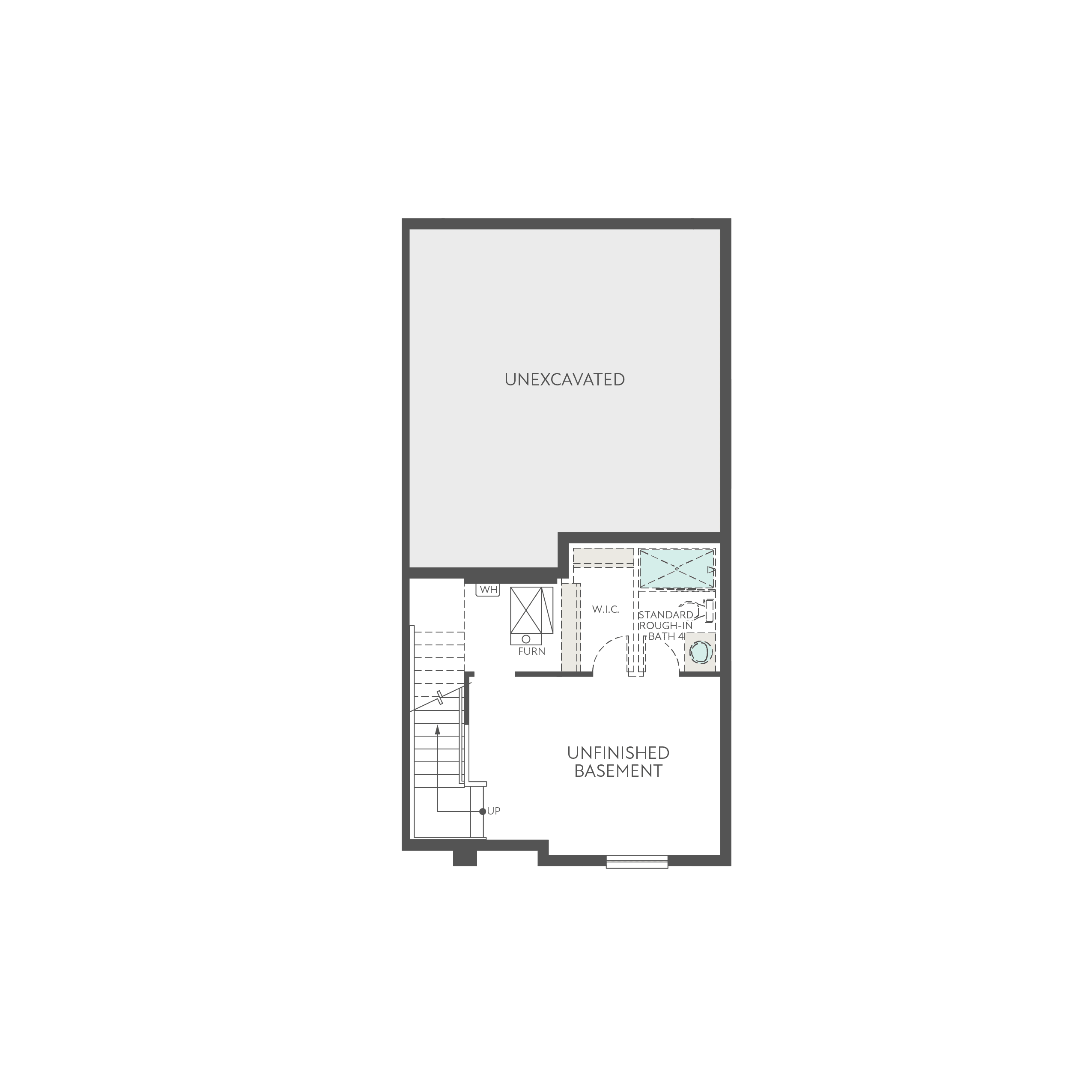 The image shows a floor plan or architectural diagram of a building, with an unexcavated area and an unfinished bathroom labeled.