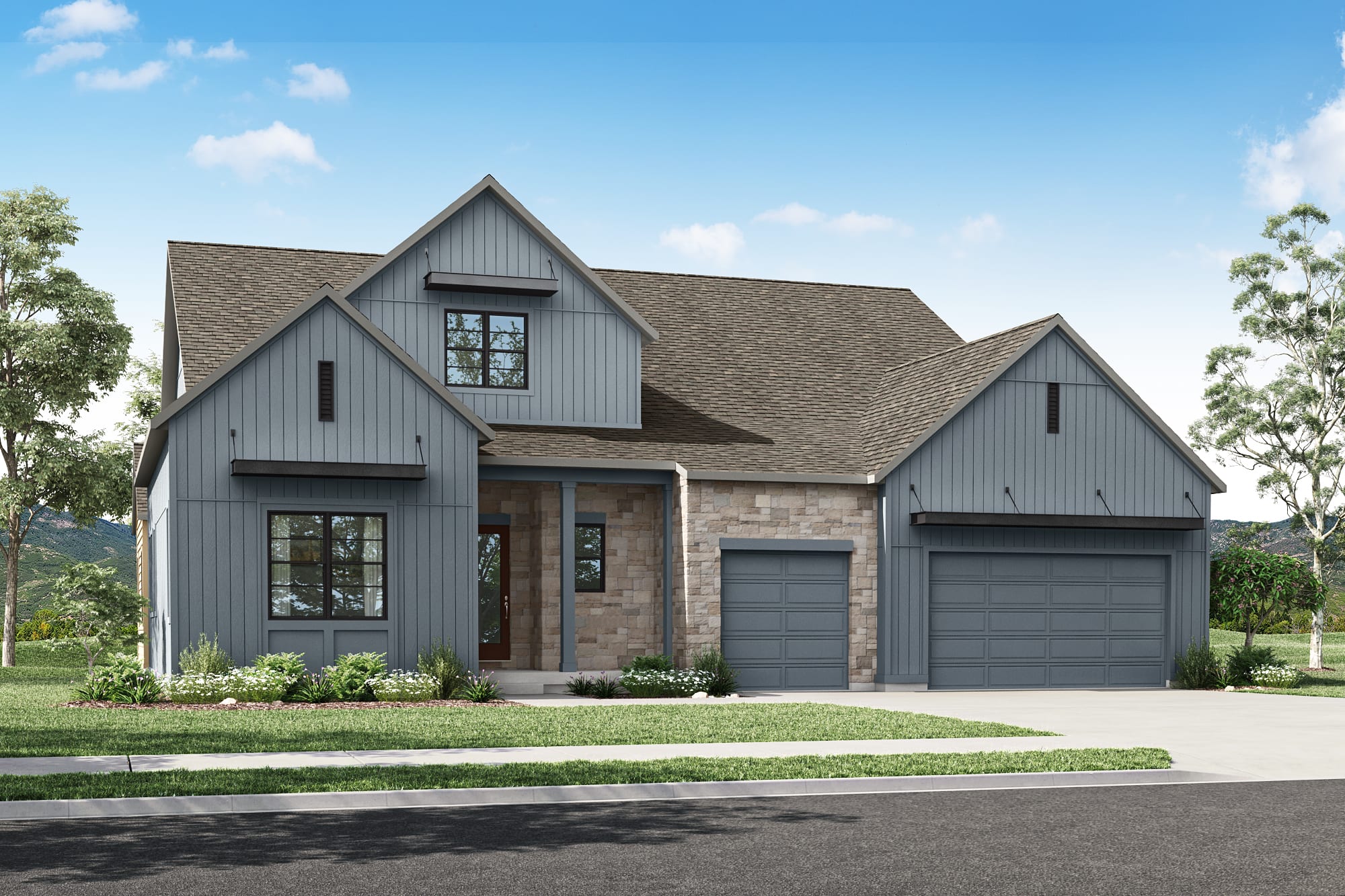A two-story gray house with a gabled roof, stone accents, and a three-car garage stands in a well-landscaped yard with trees and greenery in the background.