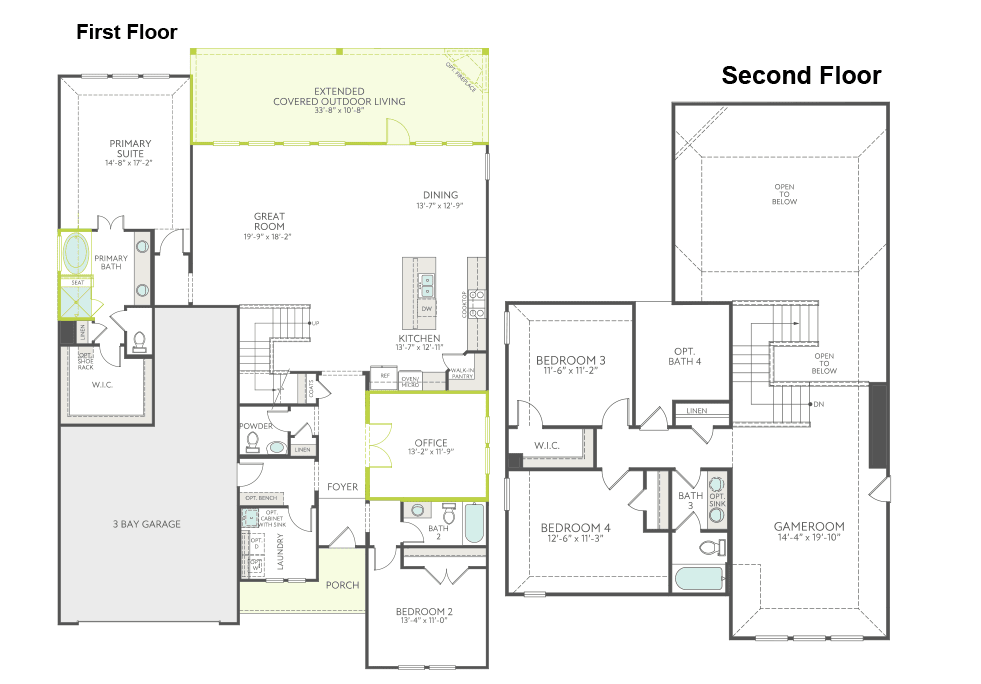 The image appears to be a floor plan for a two-story residential building, with the first floor and second floor layouts displayed side by side. The floor plan includes various rooms and spaces, such as bedrooms, bathrooms, and a garage.