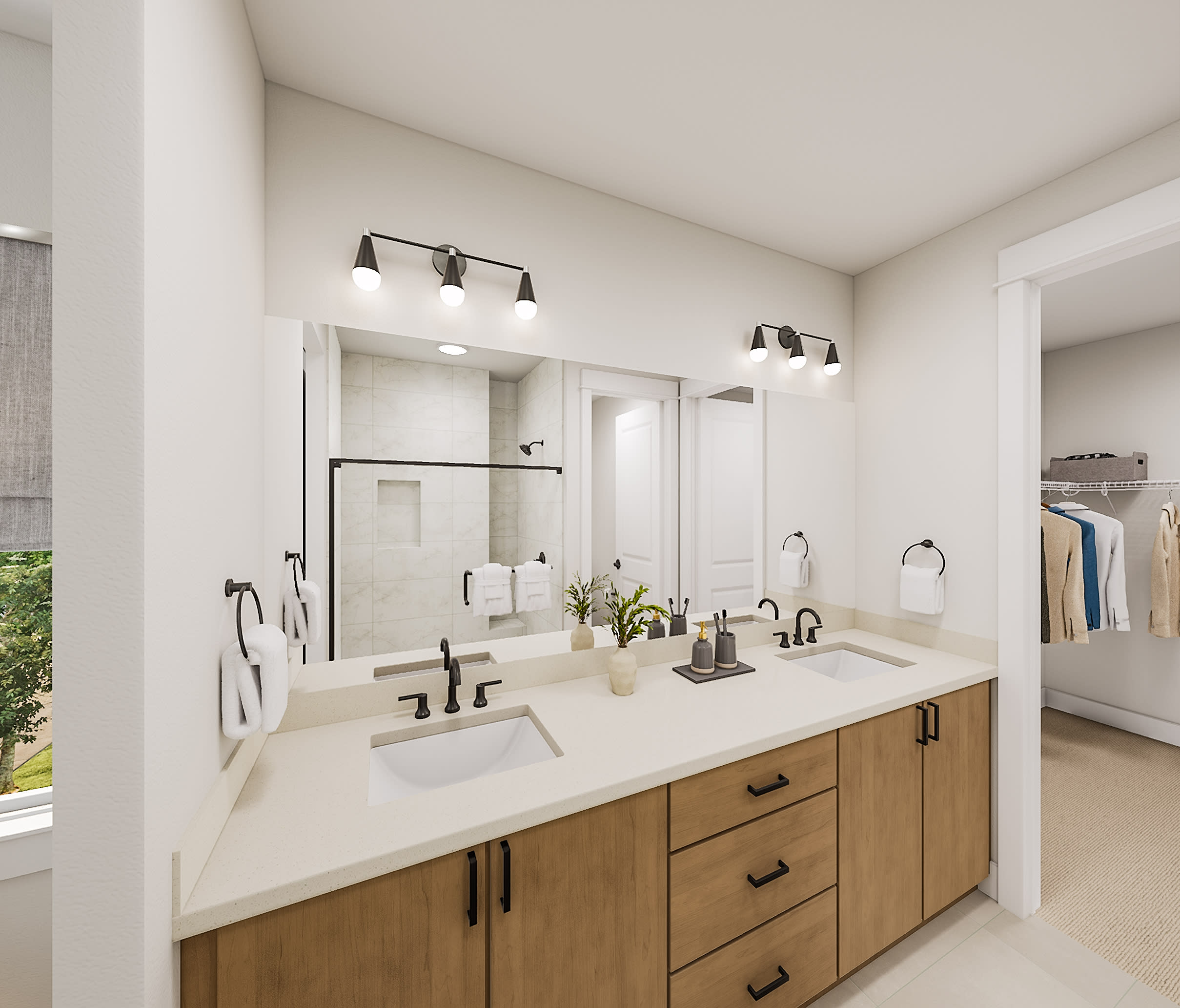 A modern and minimalist bathroom with a wooden vanity, white countertop, and black fixtures, set against a bright and airy background.