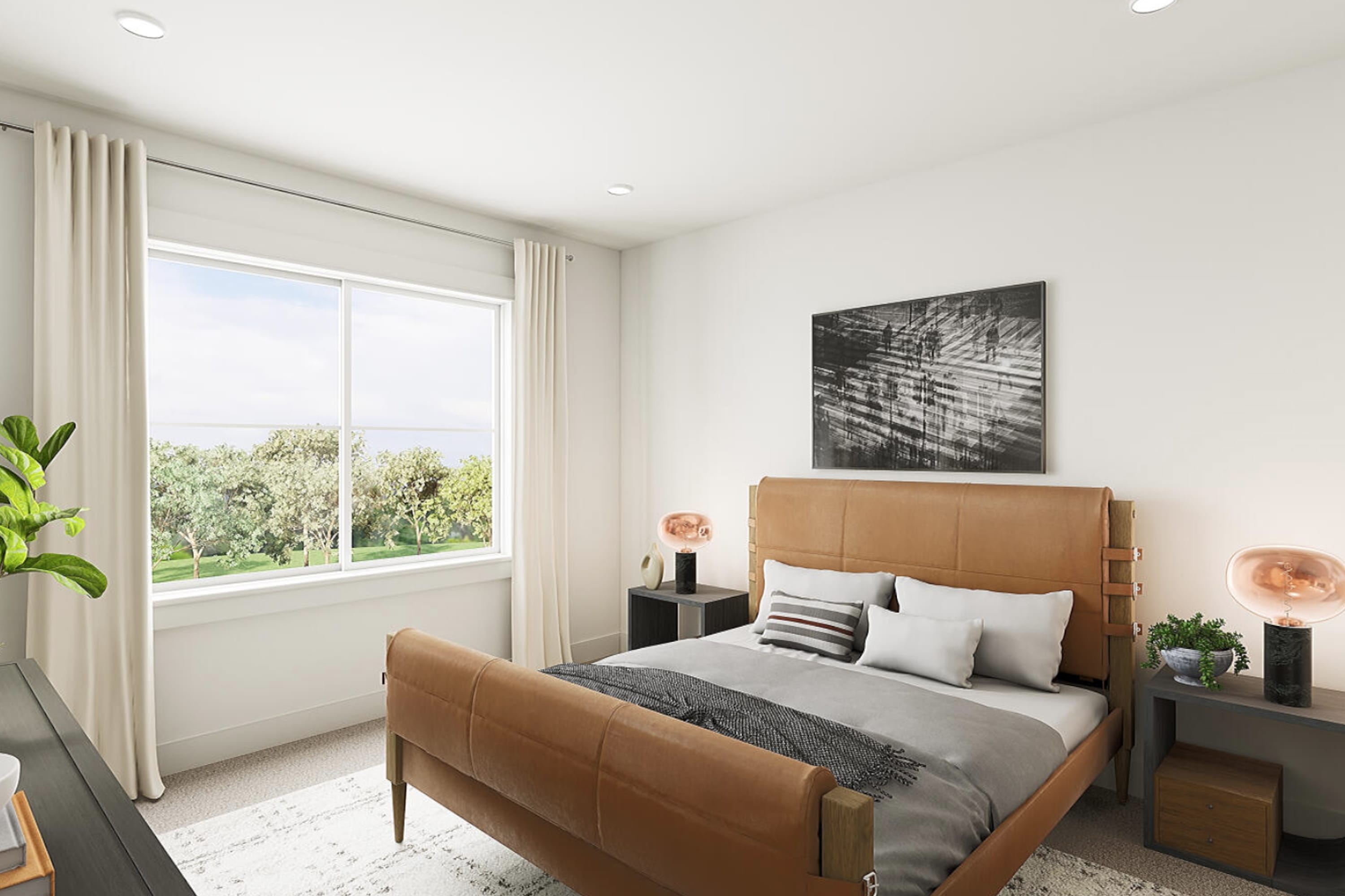 A cozy and modern bedroom with a large window overlooking a lush, green landscape, featuring a wooden bed frame, neutral-toned bedding, and a striking abstract artwork on the wall.