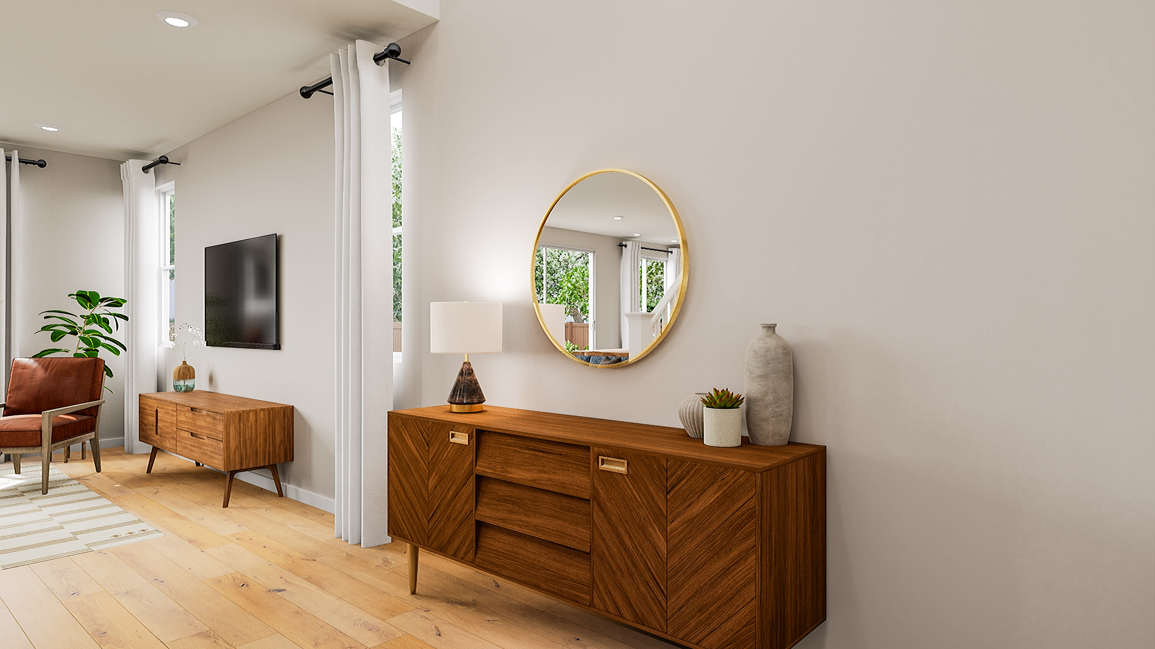 A modern living room features a wooden sideboard with a lamp and mirror in the foreground, and a television and armchair visible in the background.