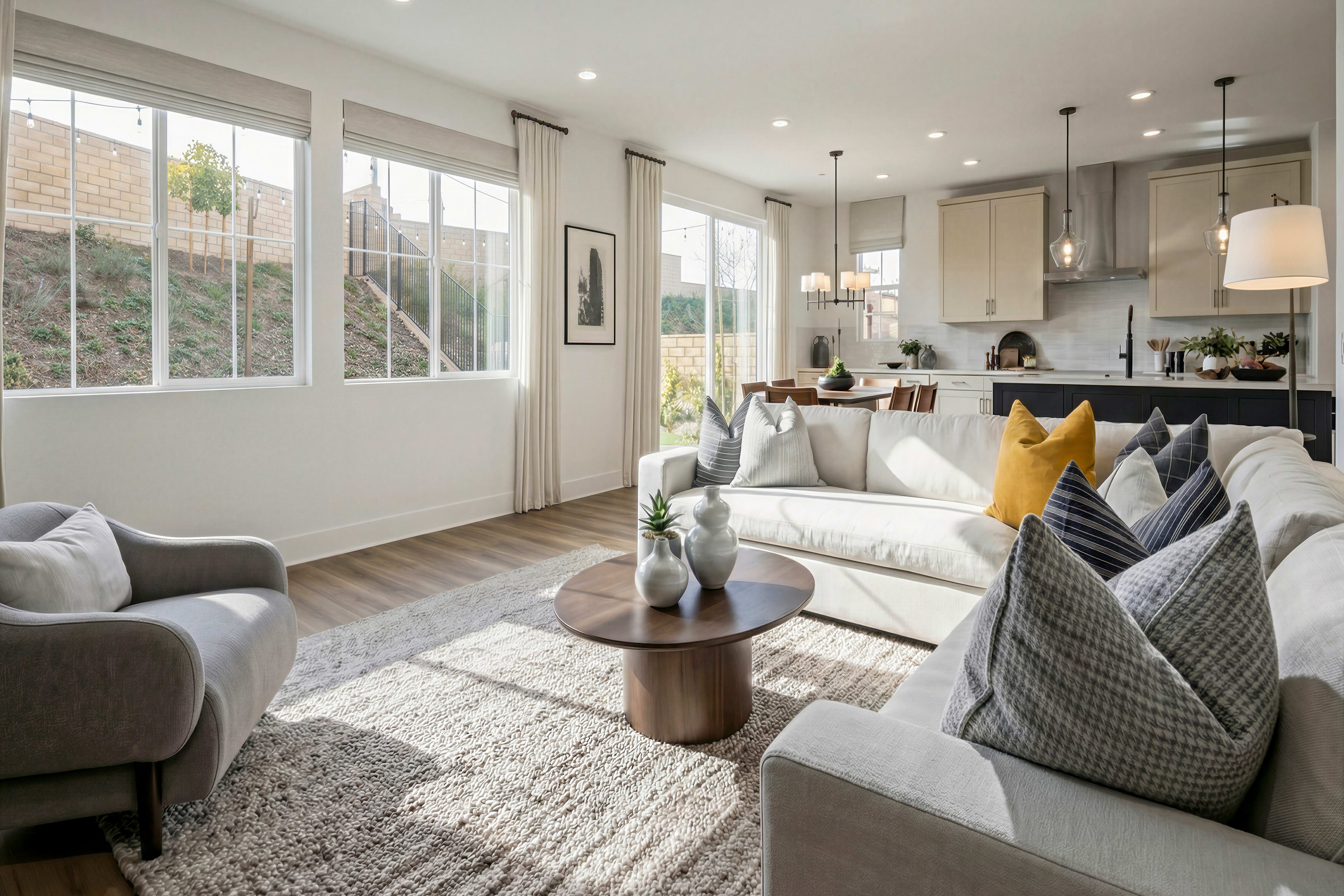 A cozy and well-designed living room with large windows, comfortable gray sofas, and a wooden coffee table, complemented by a kitchen area in the background.