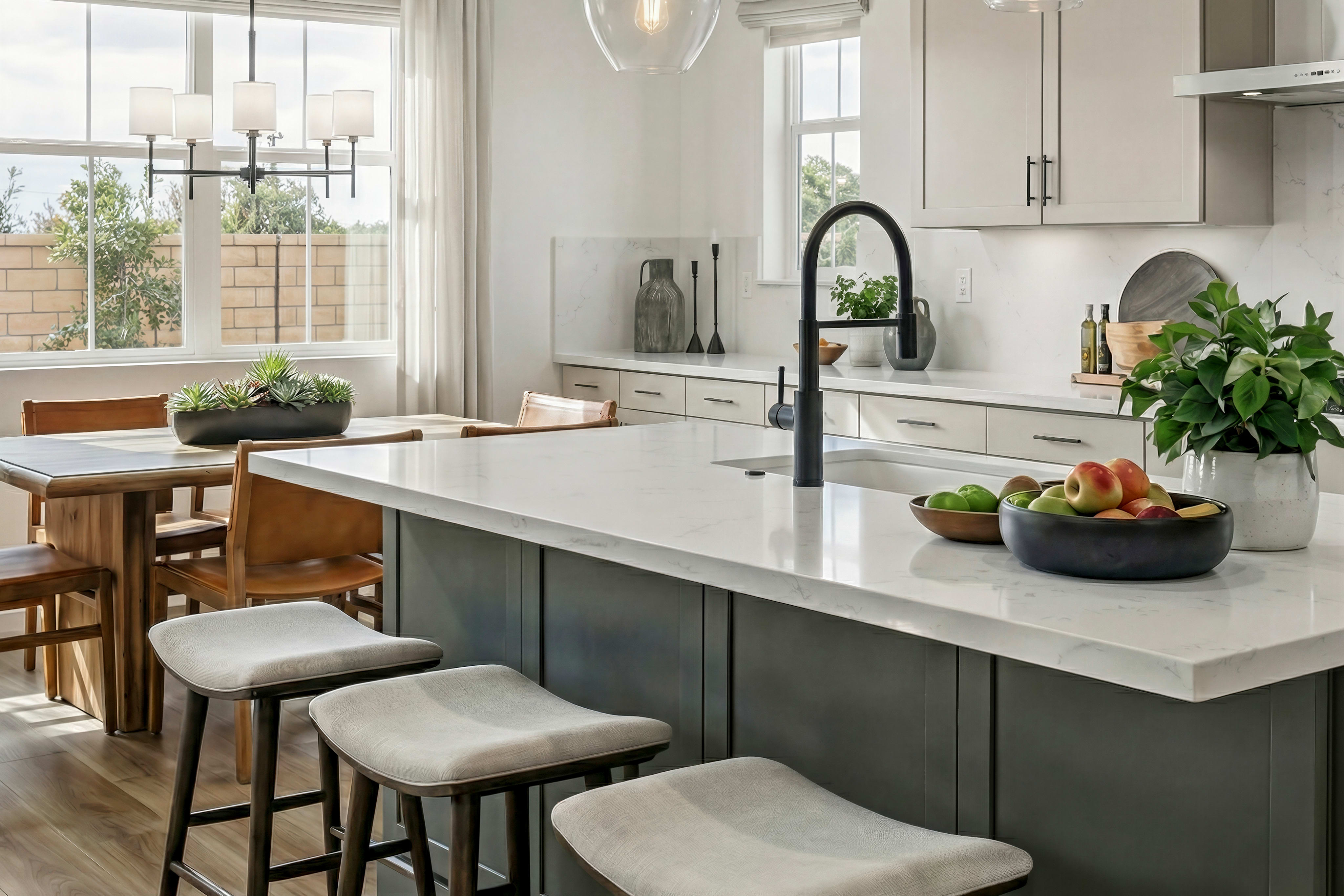 A modern and spacious kitchen with a large island, pendant lighting, and a cozy dining area in the background.