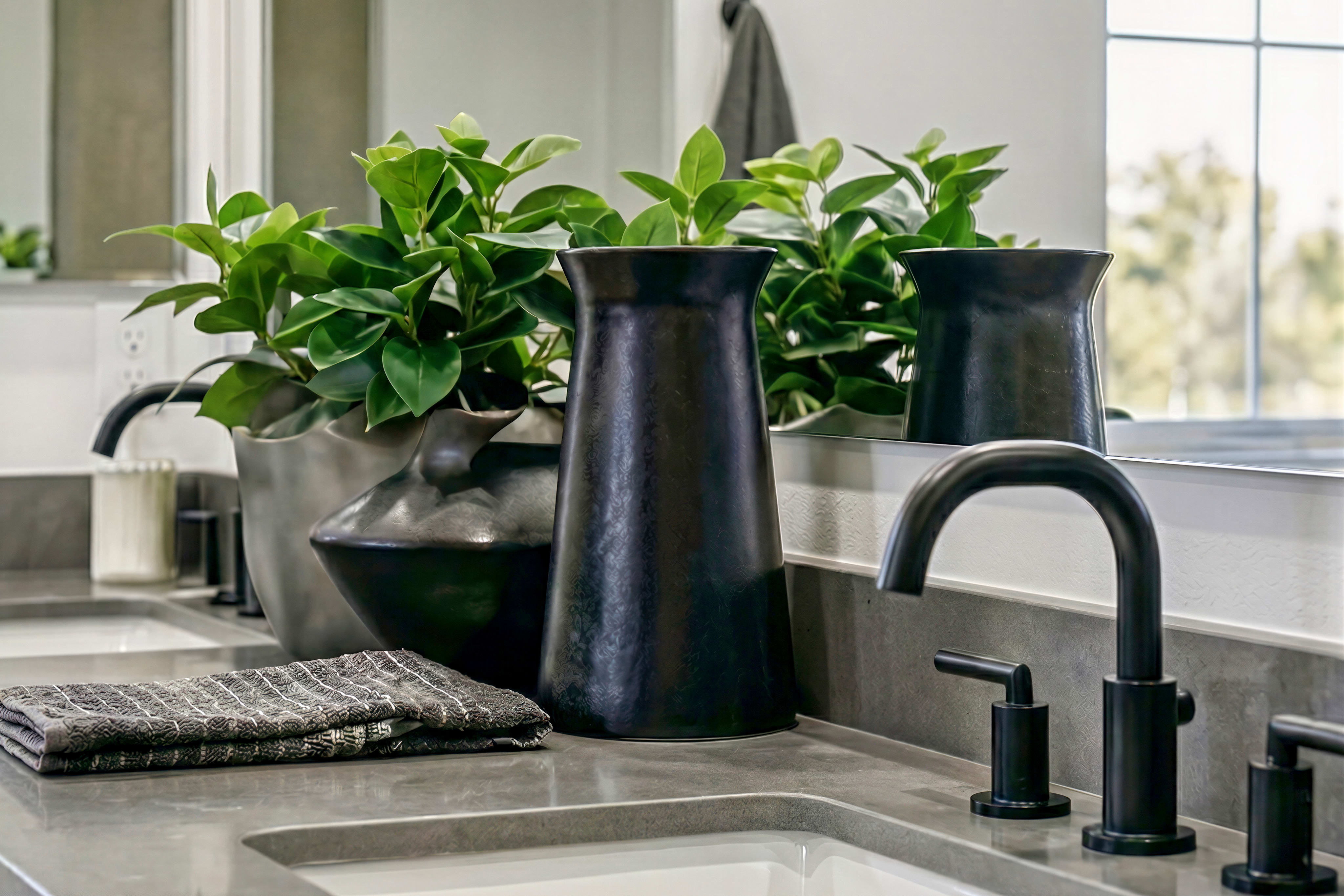A modern kitchen countertop with a sink, faucet, and potted plants, set against a backdrop of a window and a minimalist interior.