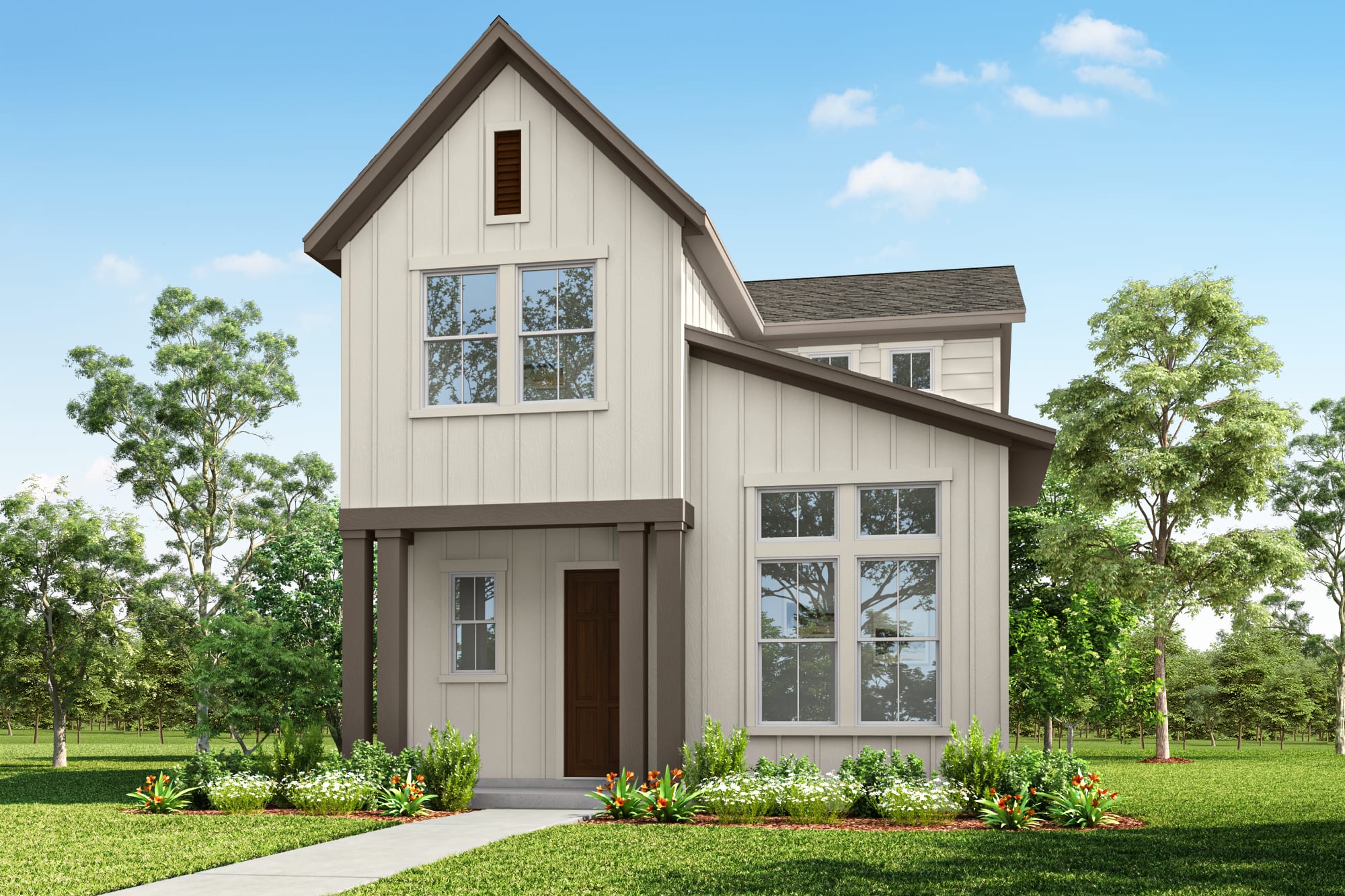 A two-story modern farmhouse-style home with a gabled roof, white siding, and large windows sits on a grassy lawn surrounded by trees.