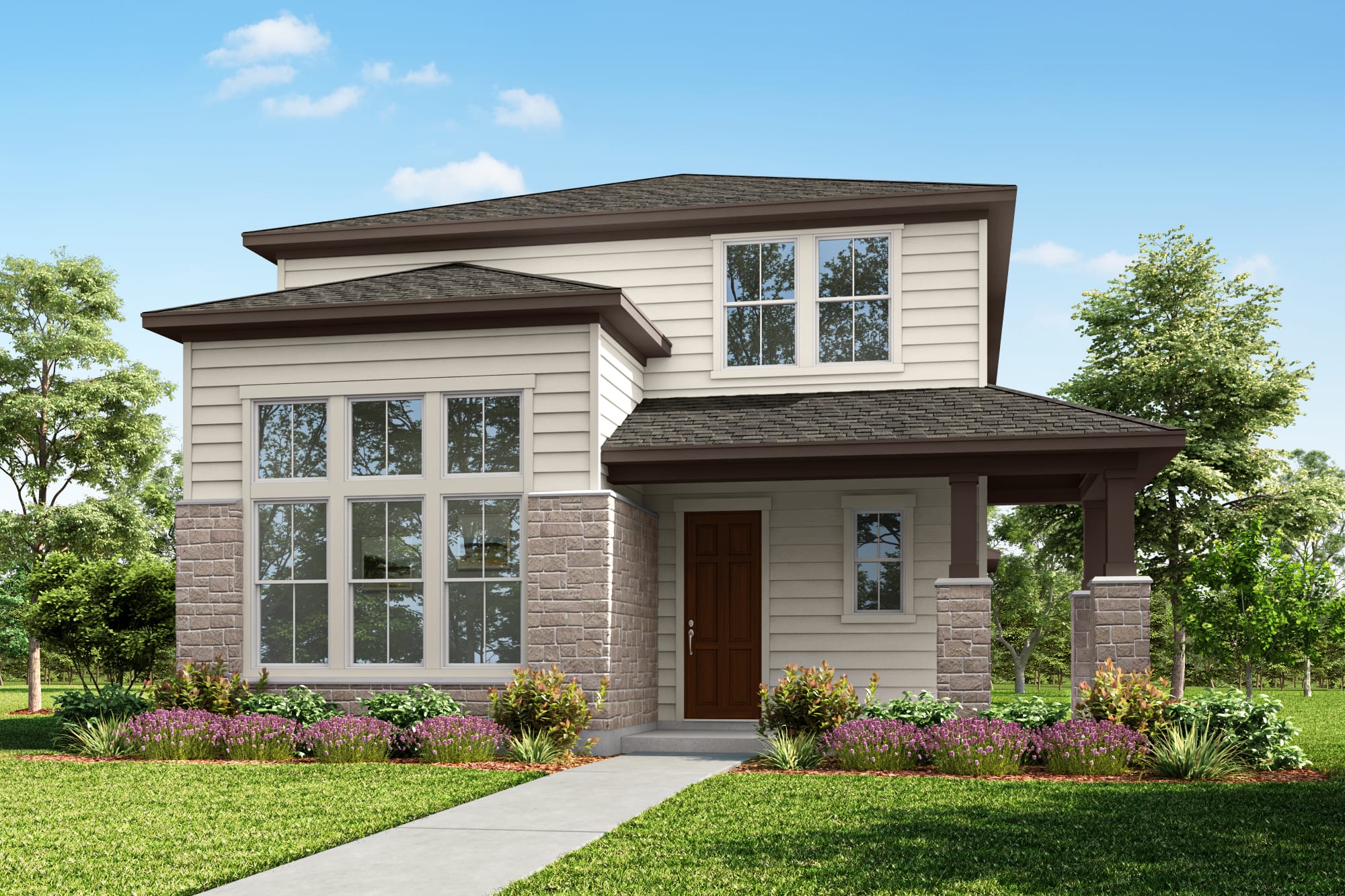 A two-story modern house with a stone exterior, a slanted roof, and a well-manicured lawn surrounded by lush greenery.
