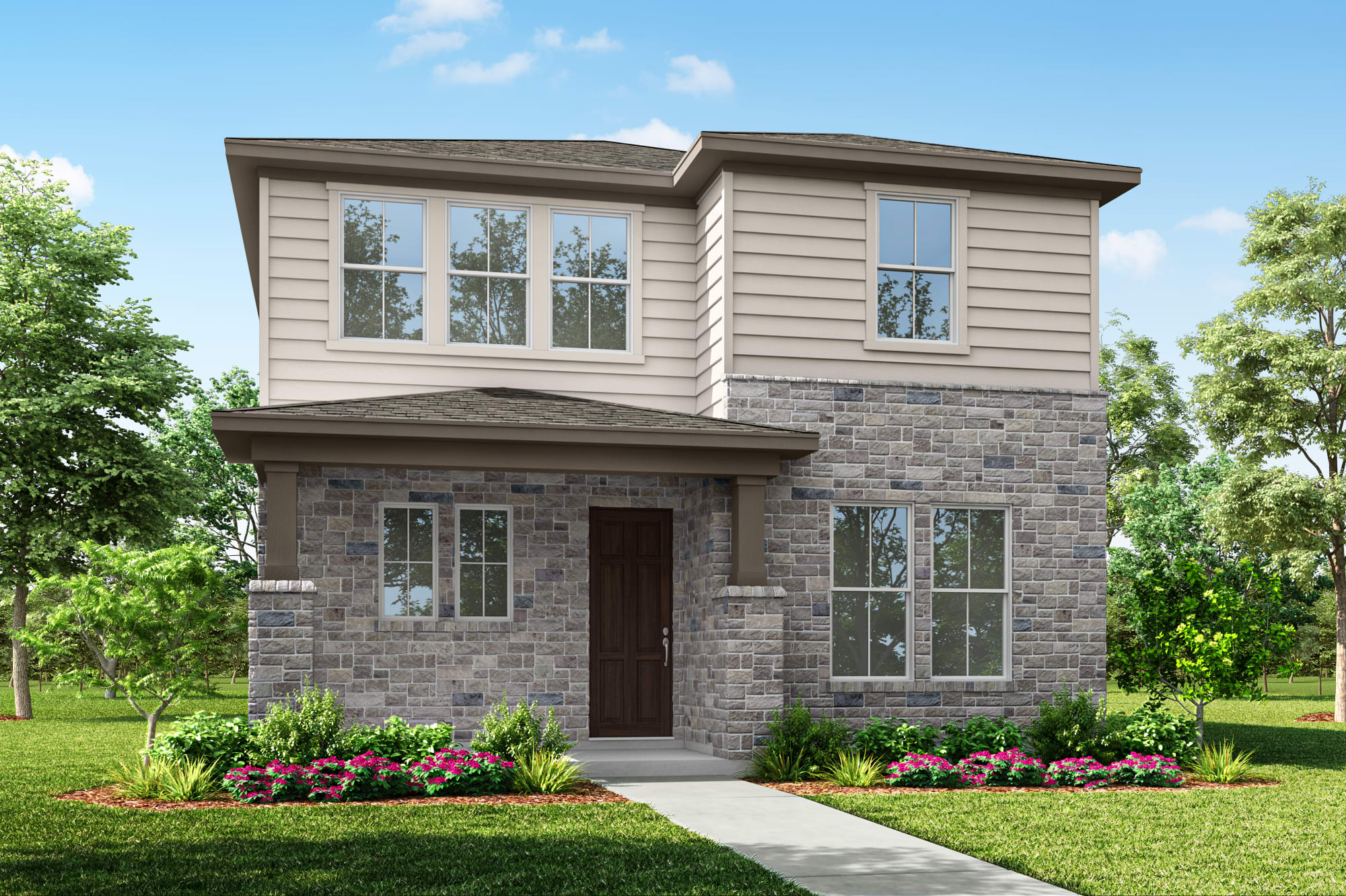 A two-story residential house with a stone exterior, surrounded by a well-manicured lawn and lush greenery, stands in a picturesque setting.