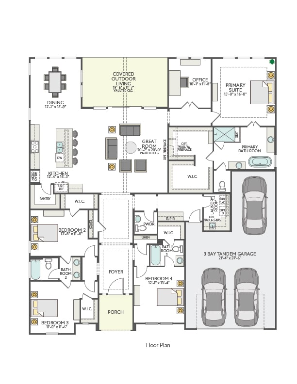 This is a floor plan of a residential home, featuring a spacious layout with multiple rooms, including a living room, kitchen, bedrooms, and a garage for two vehicles.