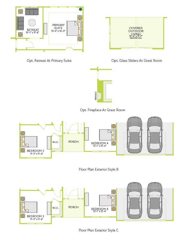 The image appears to be a floor plan or layout of a residential property, showcasing two different exterior styles labeled as "Exterior Style B" and "Exterior Style C". The plan includes various rooms, such as bedrooms, a living room, and a covered outdoor living space, as well as designated parking spaces.