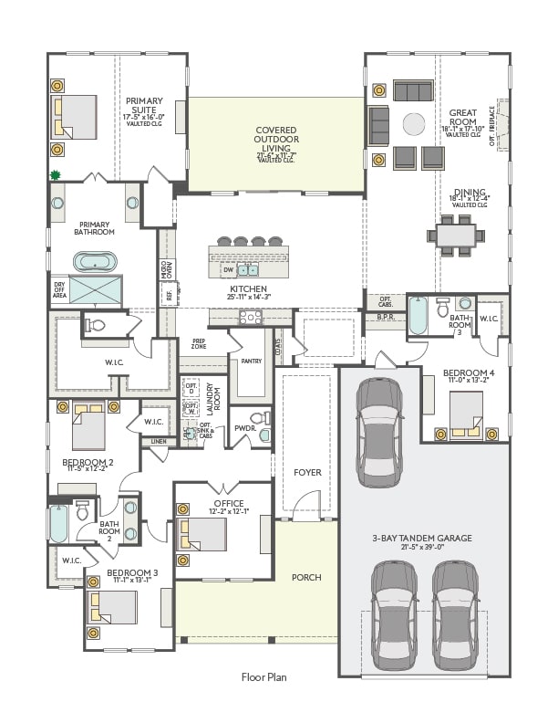 This is a floor plan of a residential home, featuring various rooms and spaces, including a foyer, kitchen, living room, bedrooms, bathrooms, and a two-car garage.