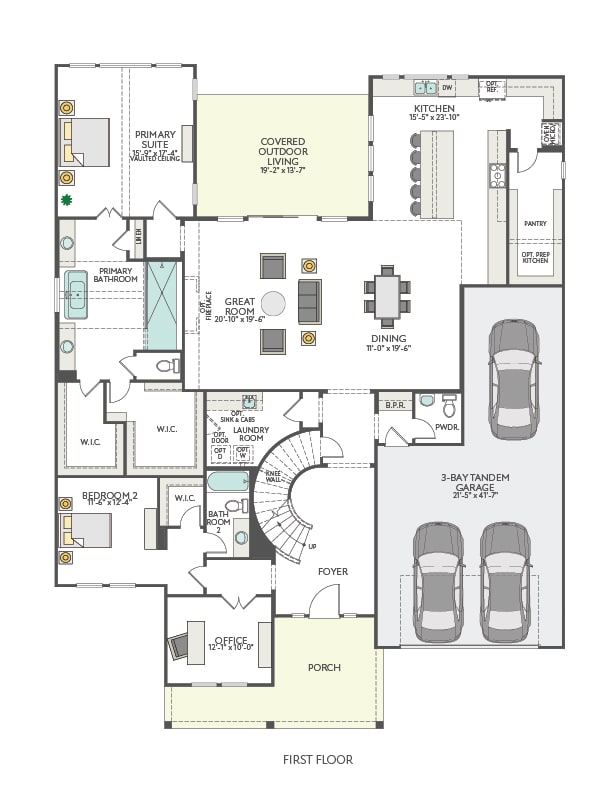 This is a floor plan for a multi-level residential property, featuring a first-floor layout with various rooms, including a kitchen, living room, bedrooms, and a garage for two vehicles.