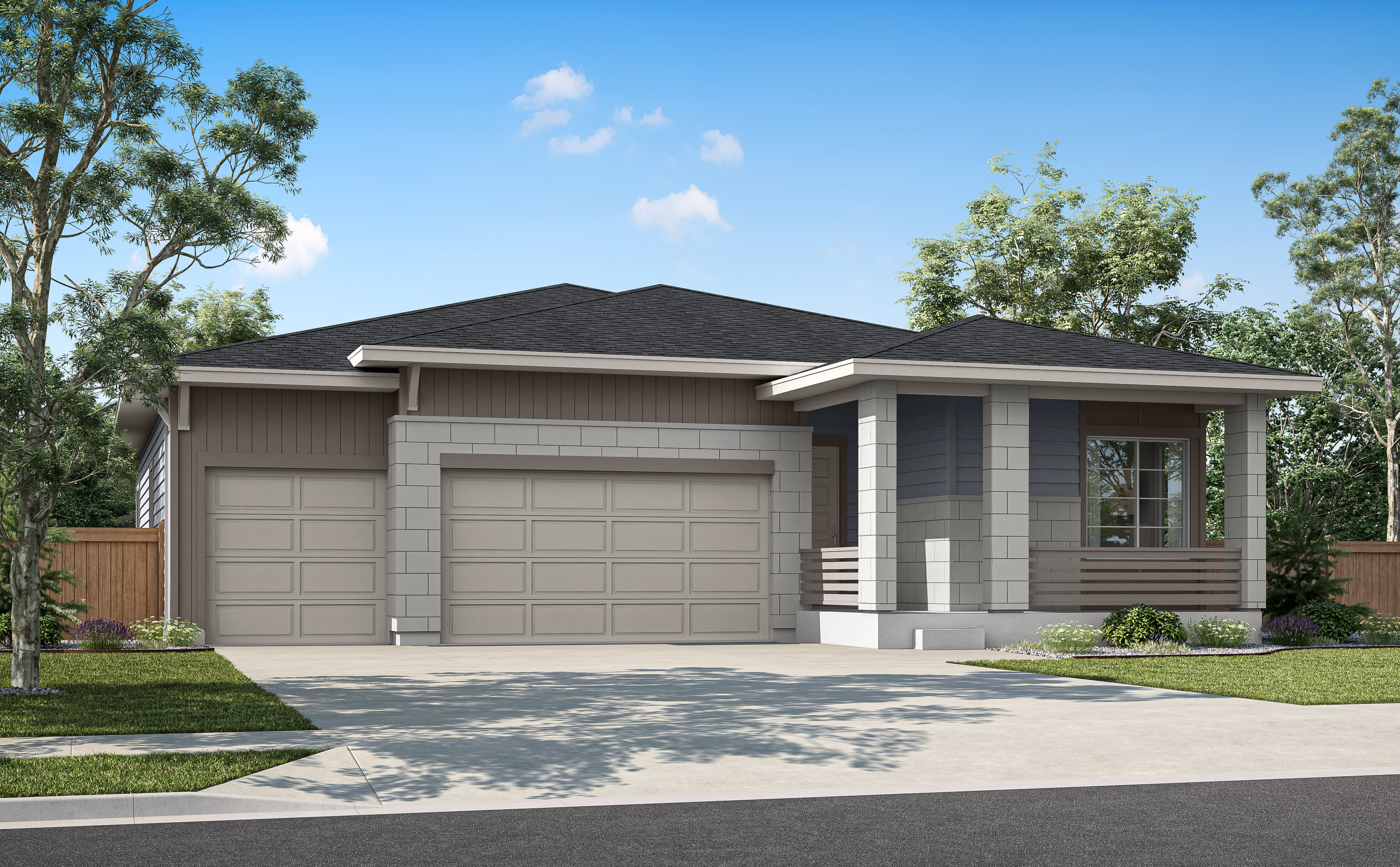 A modern two-story house with a garage, surrounded by lush greenery and a paved driveway in the foreground.