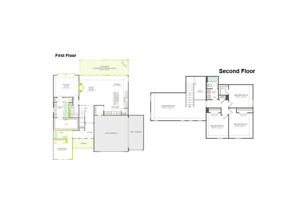 The image shows the floor plans of a two-story residential building, with the first floor on the left and the second floor on the right. The floor plans provide a detailed layout of the rooms and spaces within the building.