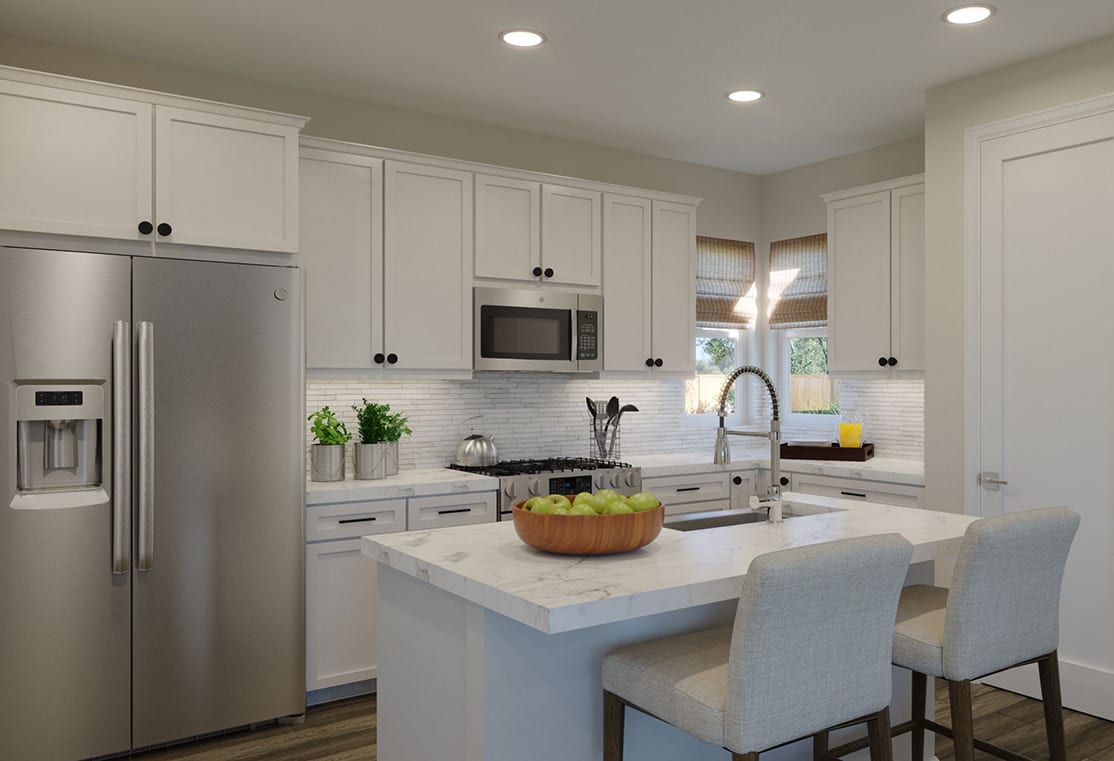A modern, well-lit kitchen with white cabinets, stainless steel appliances, and a central island with seating.