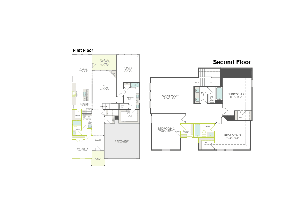 The image appears to be a floor plan or architectural diagram of a two-story residential building, with the first floor and second floor layouts displayed side by side.