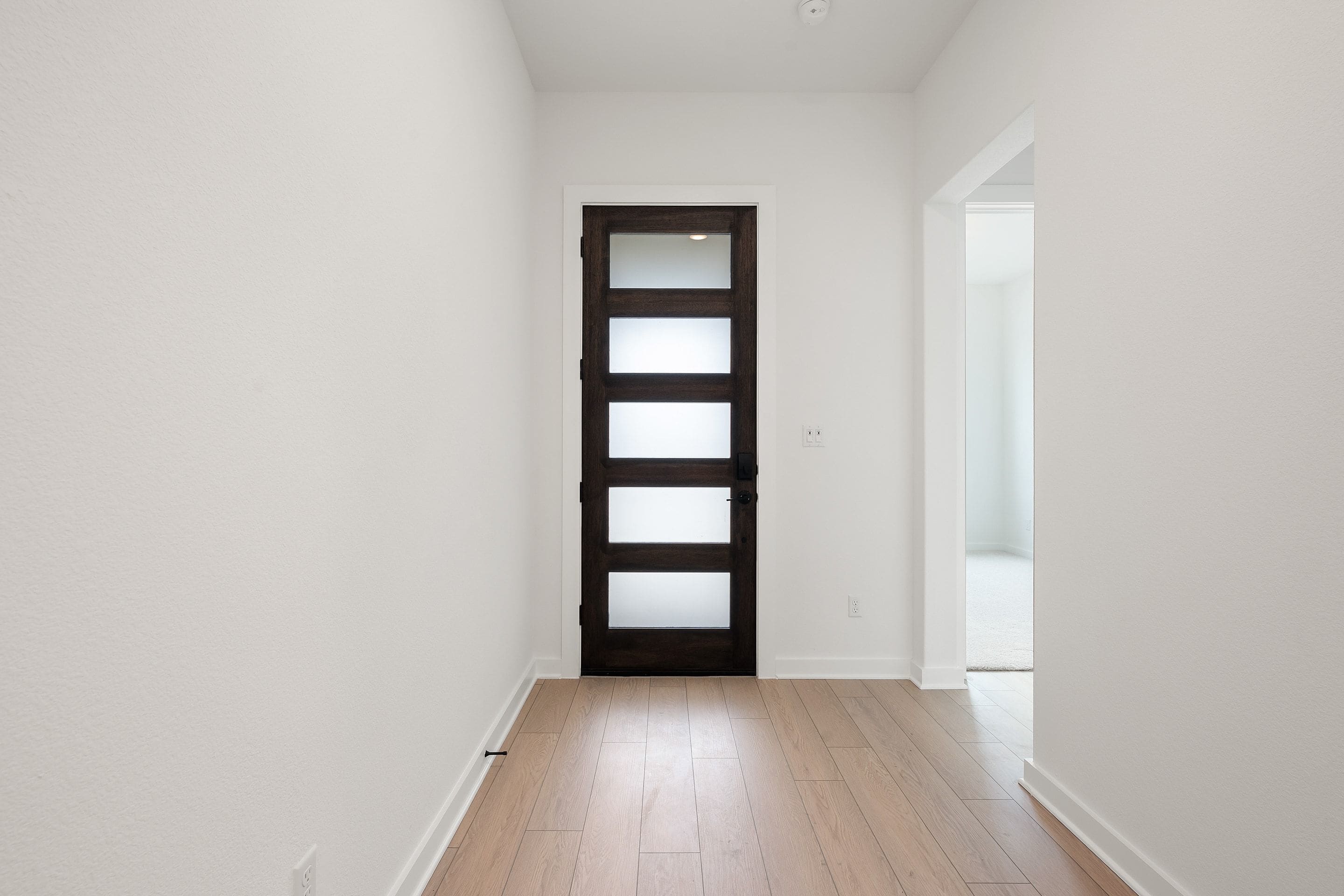 A modern dark wood door with frosted glass panels stands at the end of a bright hallway with light wood floors.