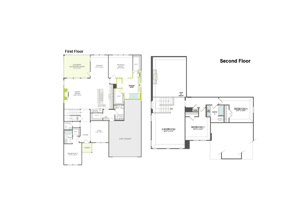 A floor plan displays the first floor on the left with rooms like a living area and kitchen, and the second floor on the right with bedrooms and bathrooms.