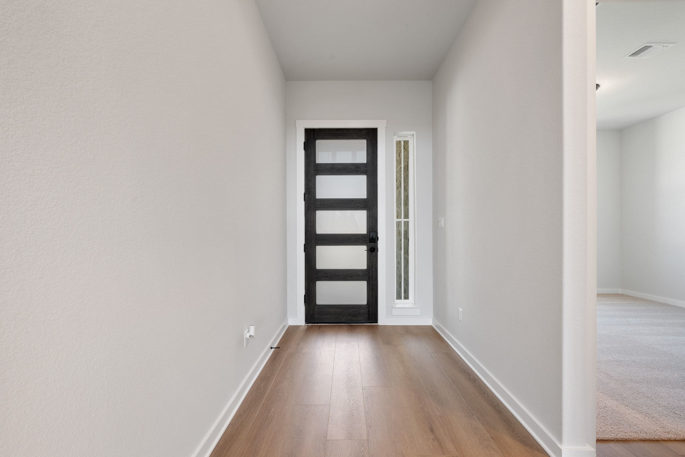 A modern black door with glass panels stands at the end of a hallway with wood-look flooring, leading into a brightly lit room with carpet in the background.
