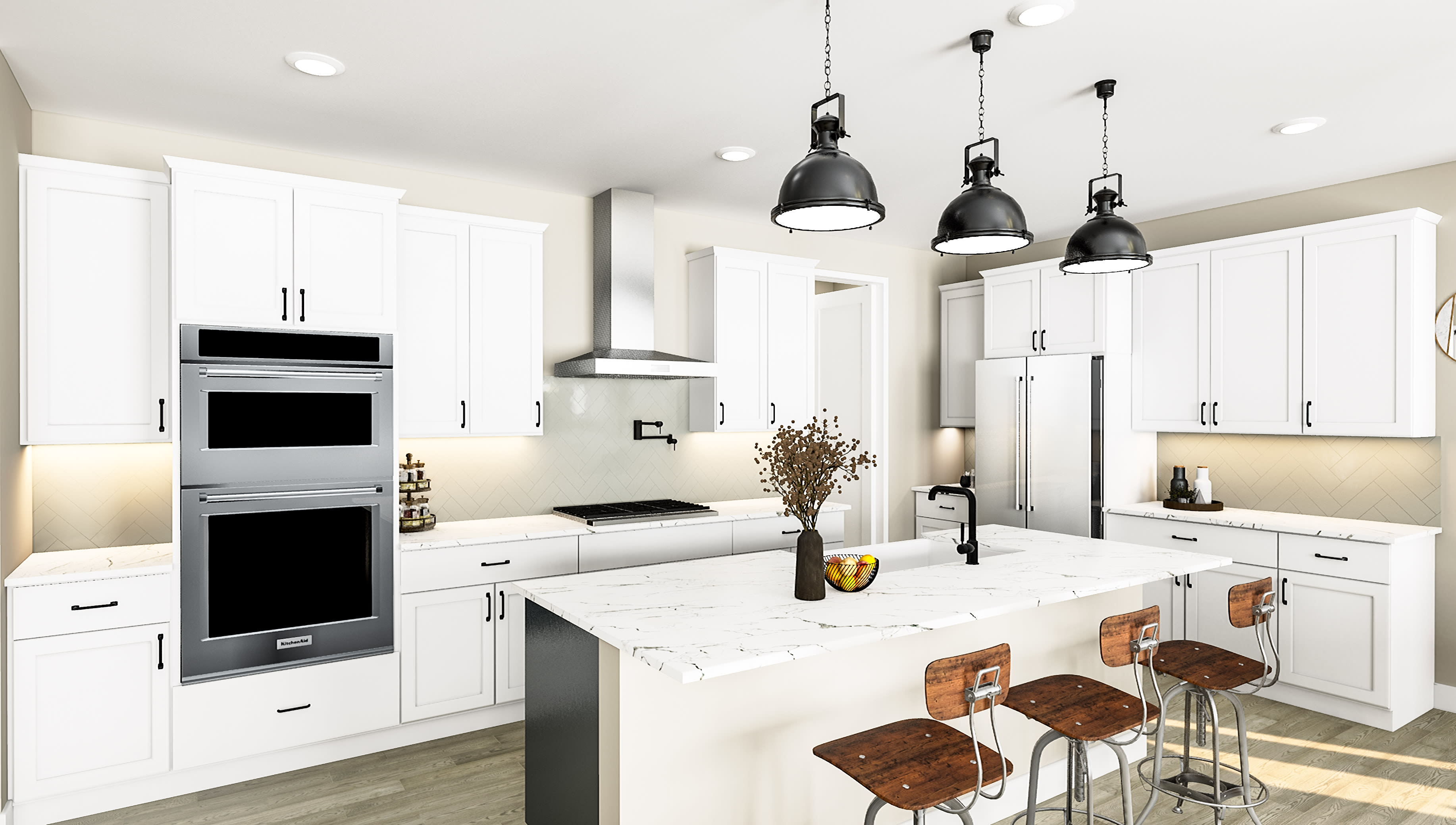 A modern white kitchen with a large island and bar stools in the foreground, and stainless steel appliances and cabinetry in the background.