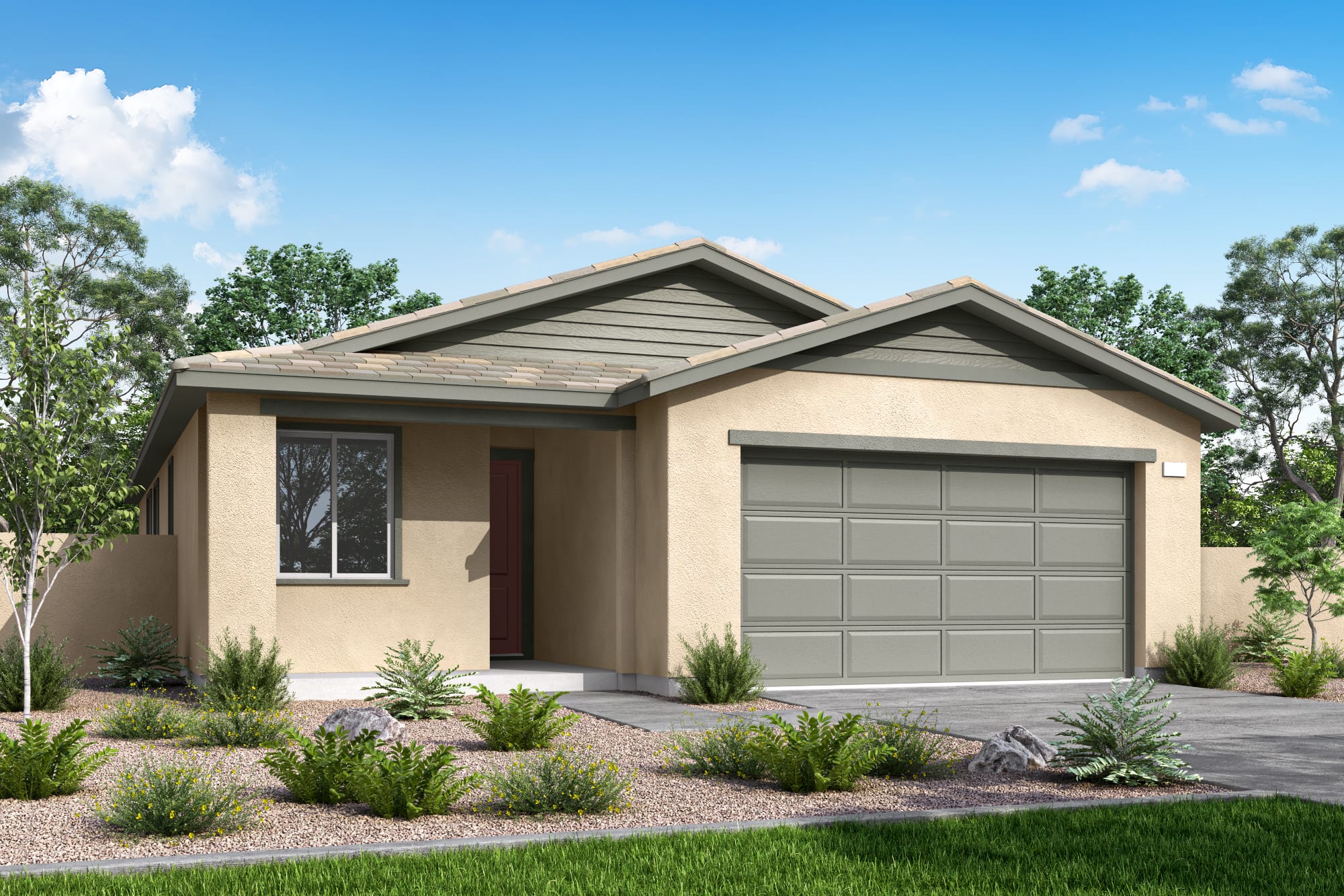 A tan stucco house with a gray garage door sits in the foreground, surrounded by landscaping, with trees and a blue sky with clouds in the background.