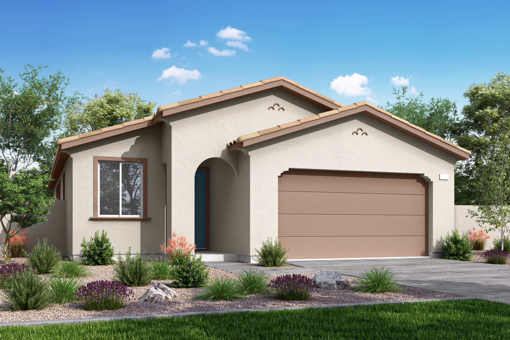 A stucco house with a tan garage door sits behind a manicured lawn and colorful shrubs, under a bright blue sky with scattered clouds.