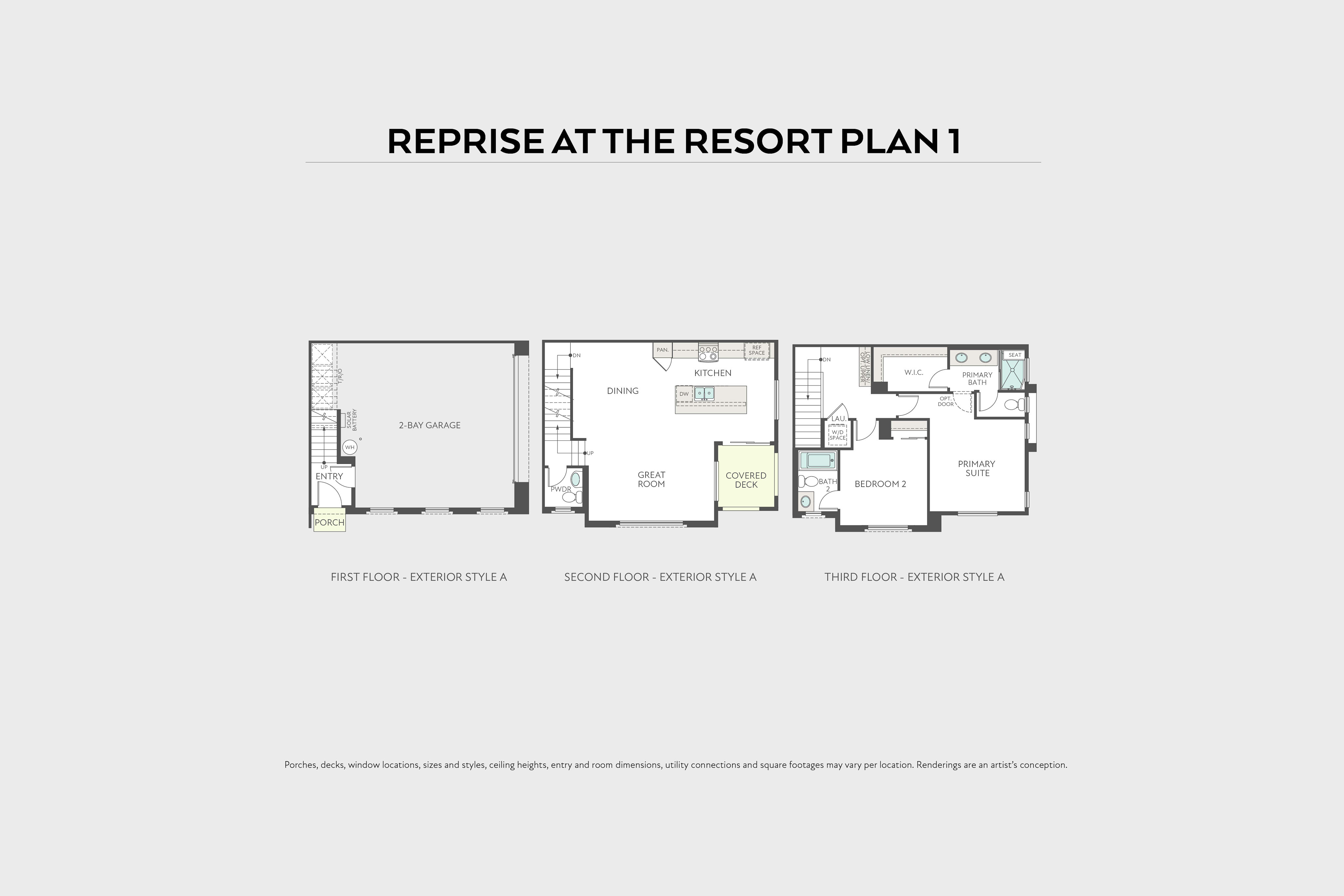 A floor plan for a three-story home, labeled "REPRISE AT THE RESORT PLAN 1," is presented against a plain white background with the Tri Pointe Homes logo in the upper left corner.