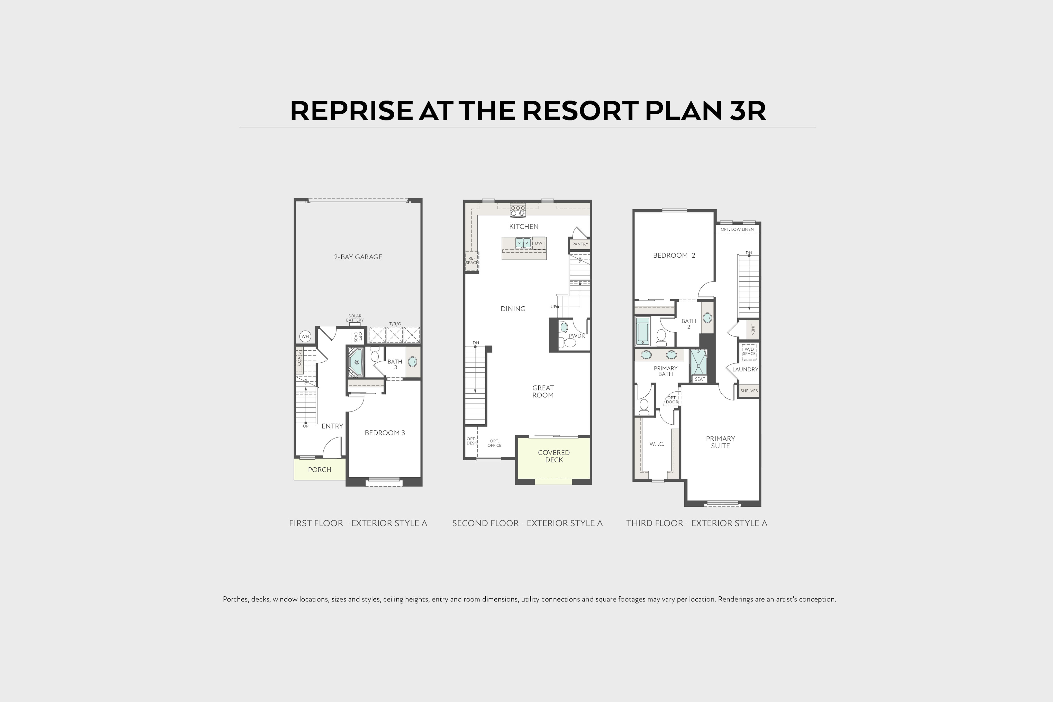 Three floor plans for the "Reprise at the Resort Plan 3R" are displayed against a plain background, with the Tri Pointe Homes logo in the upper left corner.