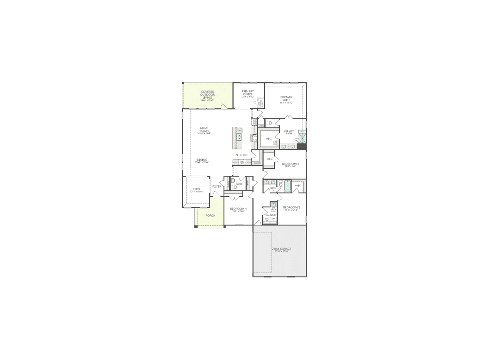 A floor plan of a house with a light green patio area in the foreground and a white background.