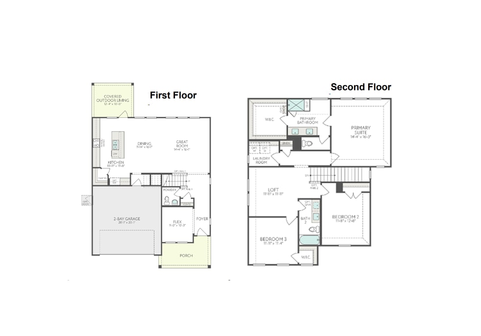 Floor plans for the first and second stories of a house are displayed side-by-side on a white background.