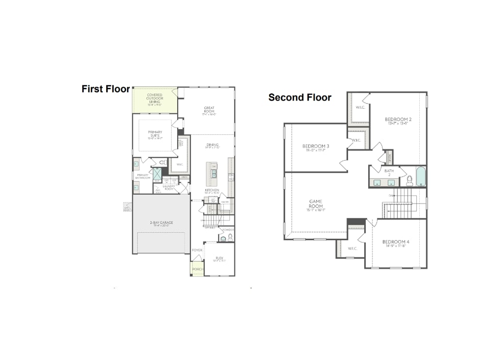 Floor plans for the first and second stories of a house are displayed on a white background.