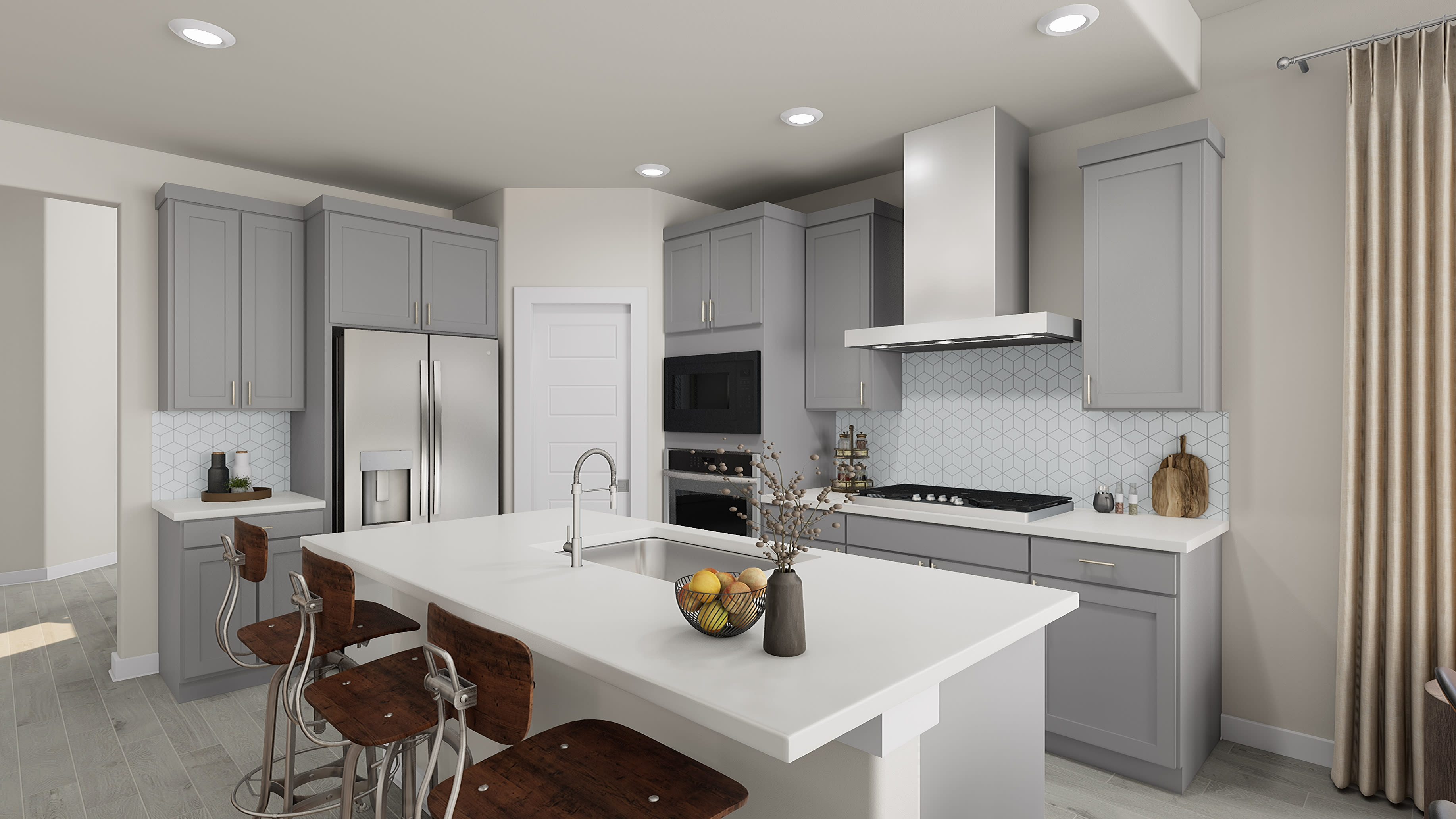 A modern, well-equipped kitchen with light gray cabinets, a white countertop, and various kitchen appliances and accessories on the counter.